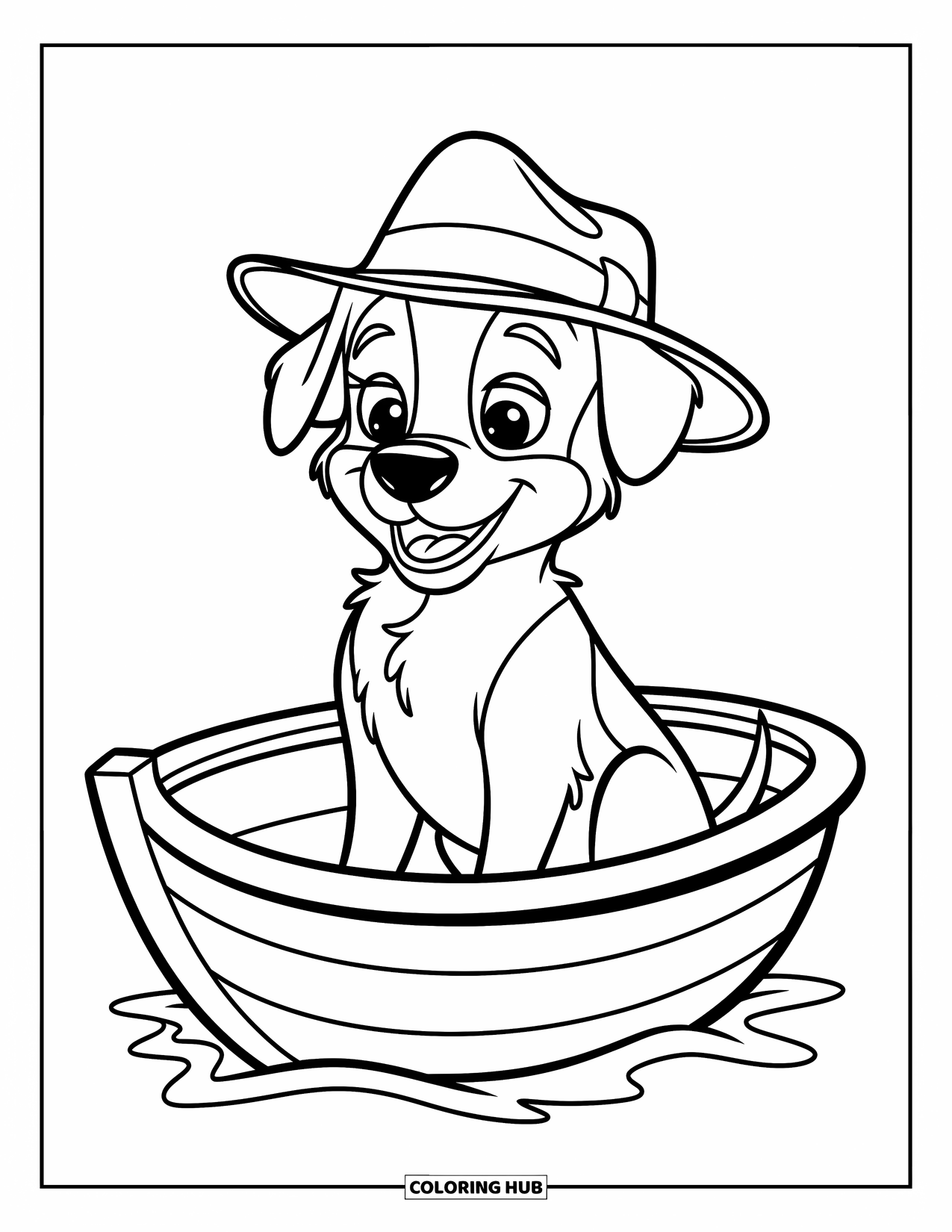 Dog Coloring Page for Kids: A cheerful dog in a whimsical hat relaxes in a cozy boat, enjoying the gentle waves