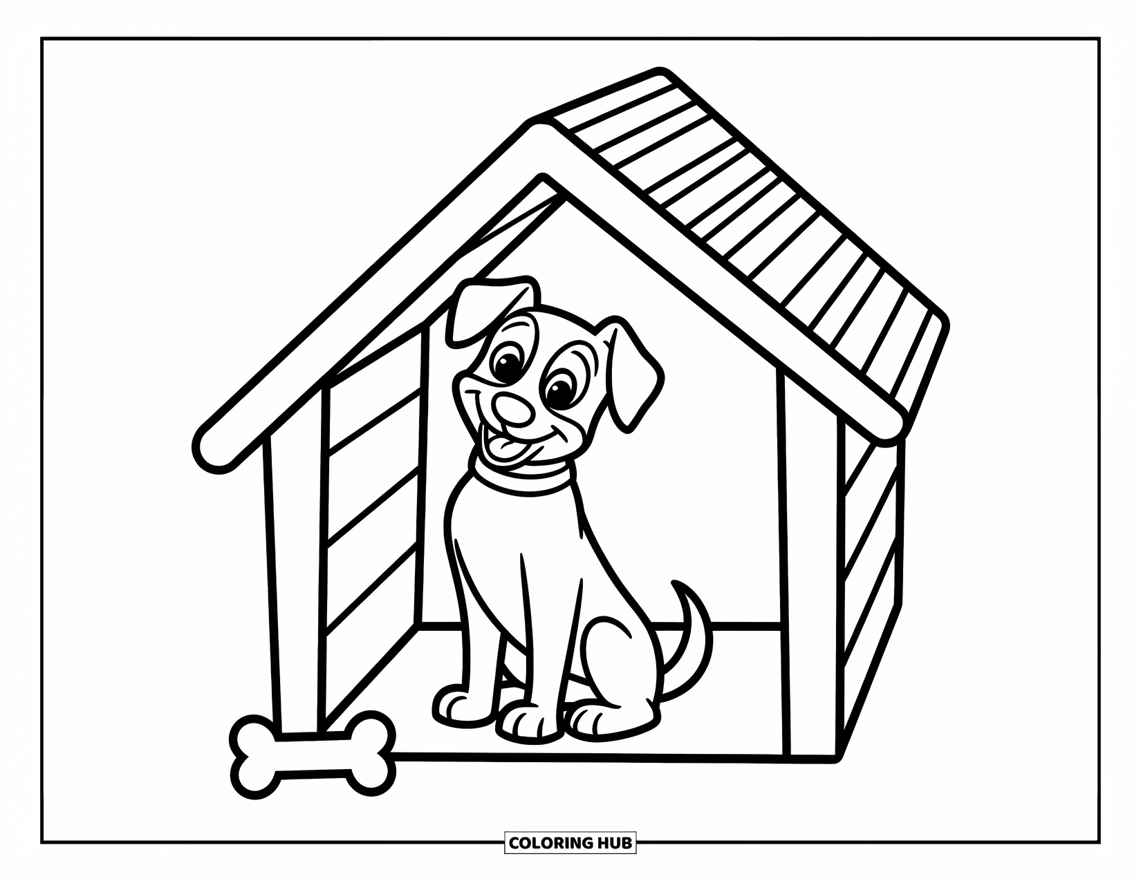 Dog Coloring Page for Kids: A cheerful dog relaxes in its doghouse, looking out playfully at its surroundings
