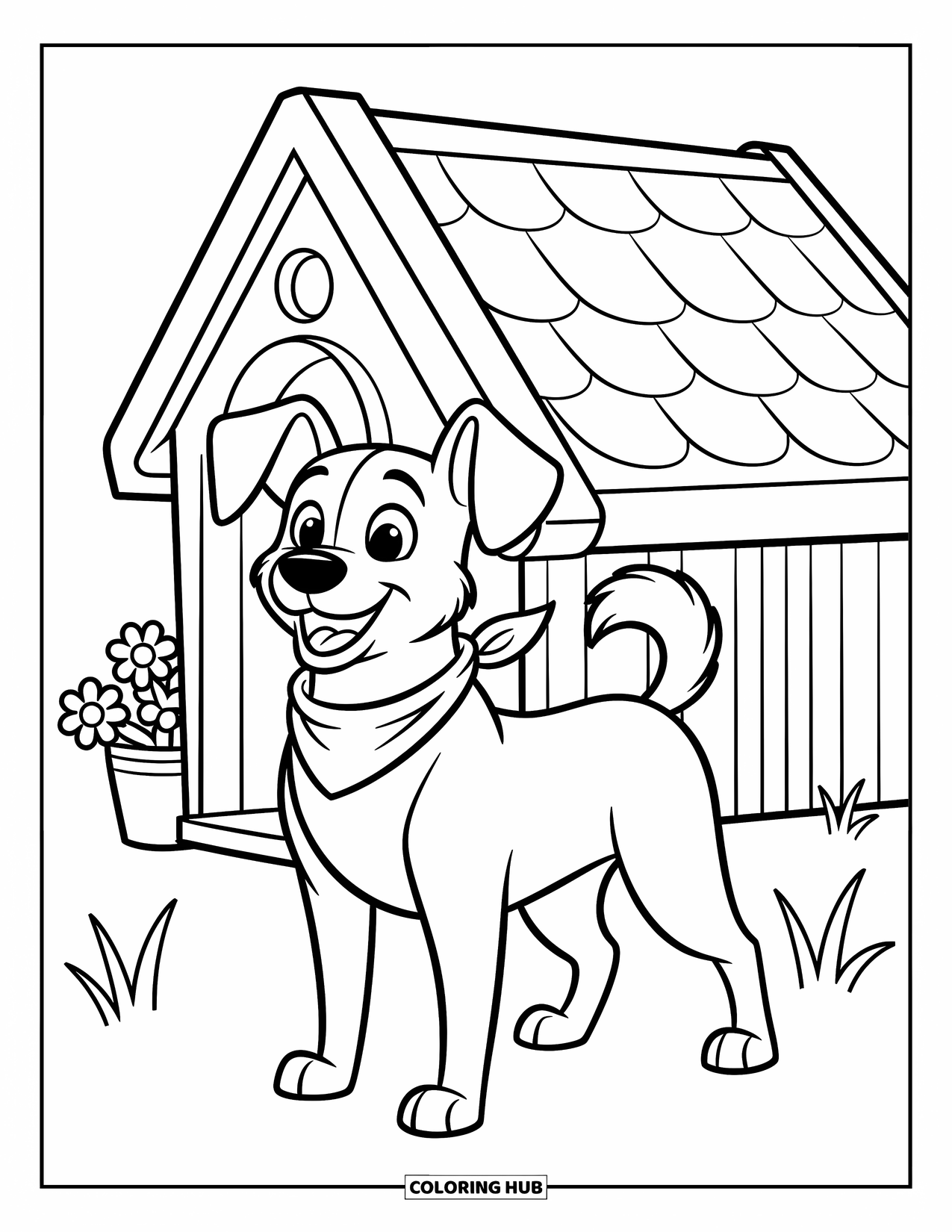 Dog Coloring Page for Kids: A cheerful dog with a cozy scarf stands proudly beside a quaint little doghouse