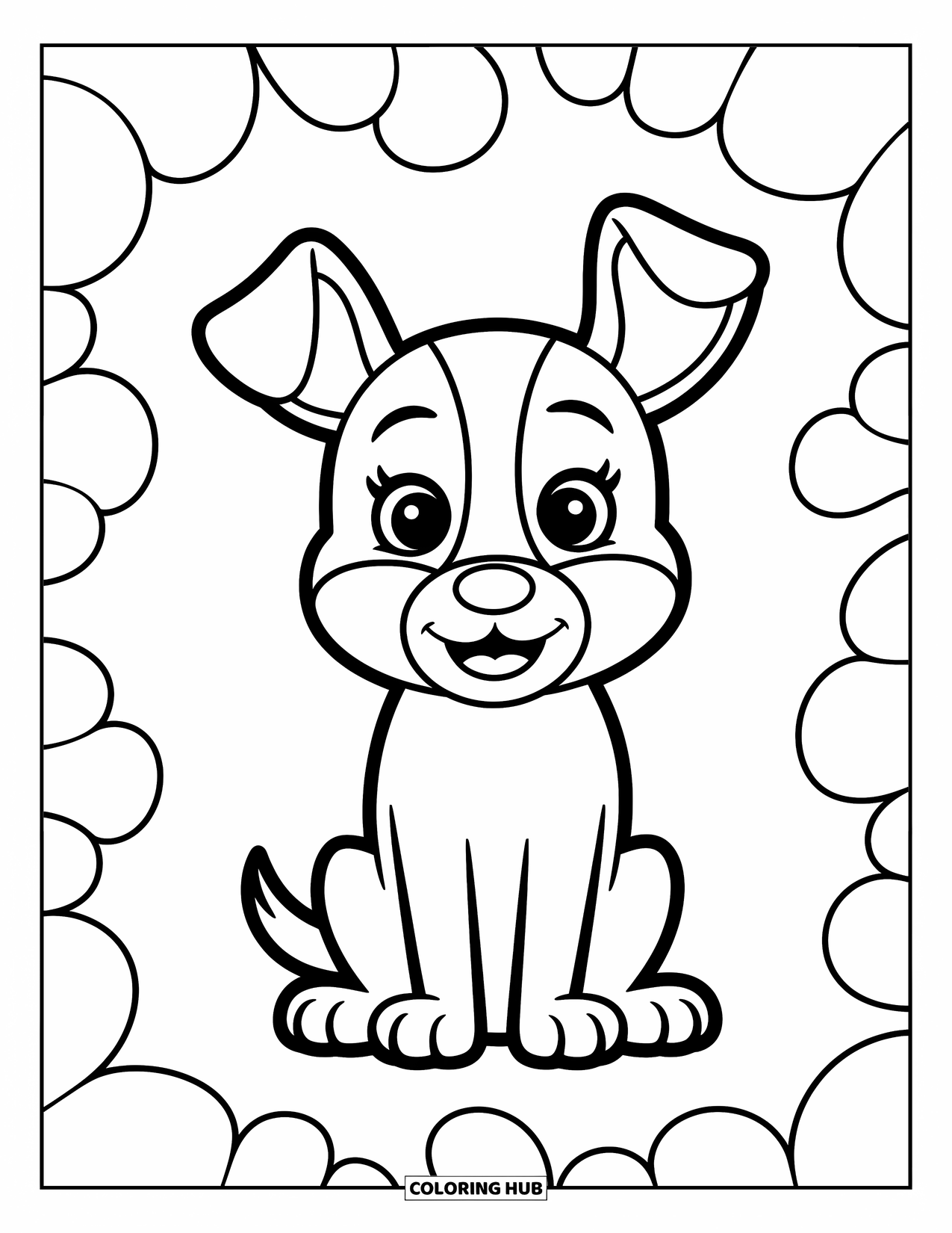 Dog Coloring Page for Kids: A cheerful dog with perked ears sits happily, its round face full of playful charm
