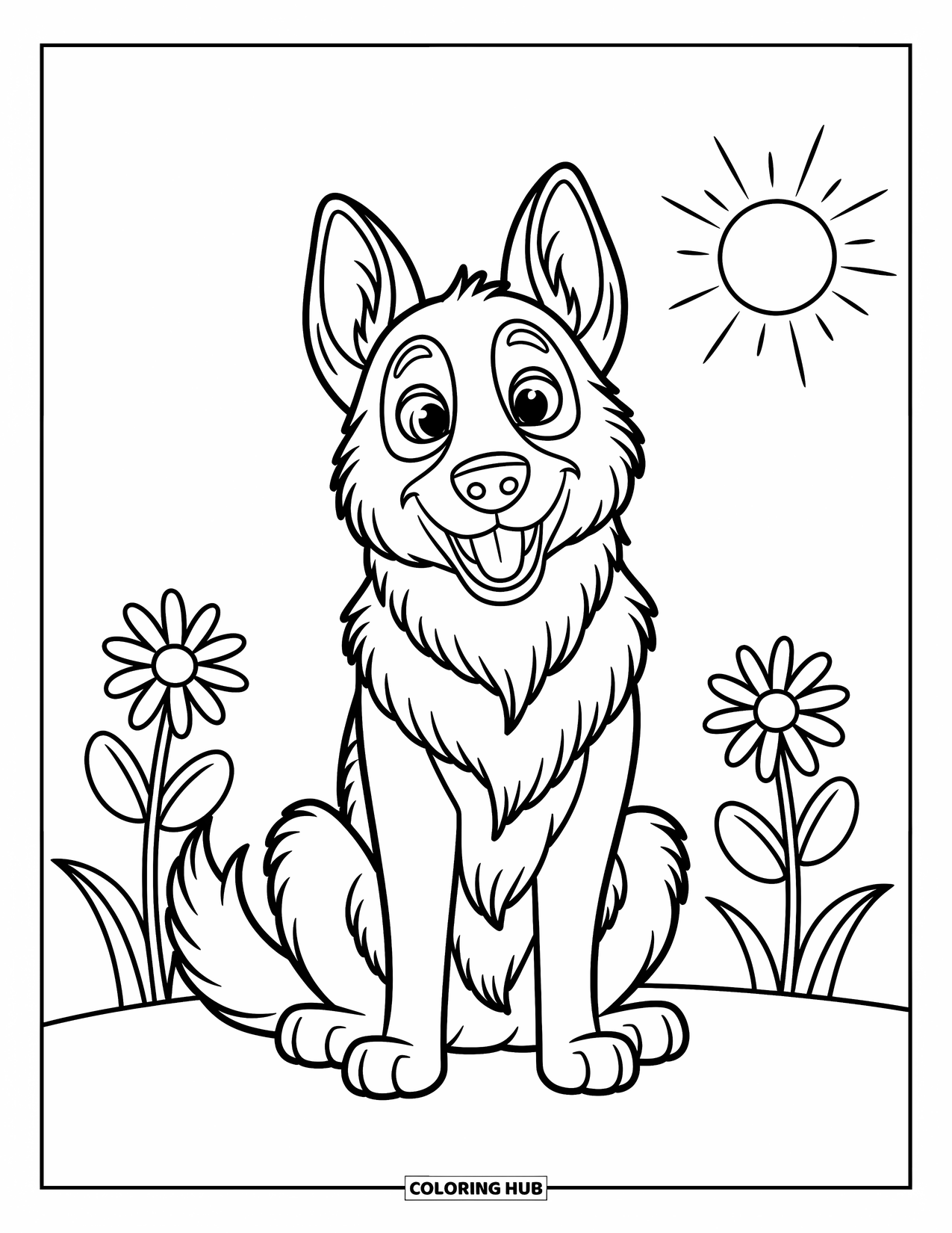 Dog Coloring Page for Kids: A cheerful German Shepherd sits with bright eyes, framed by whimsical flowers and a sunbeam