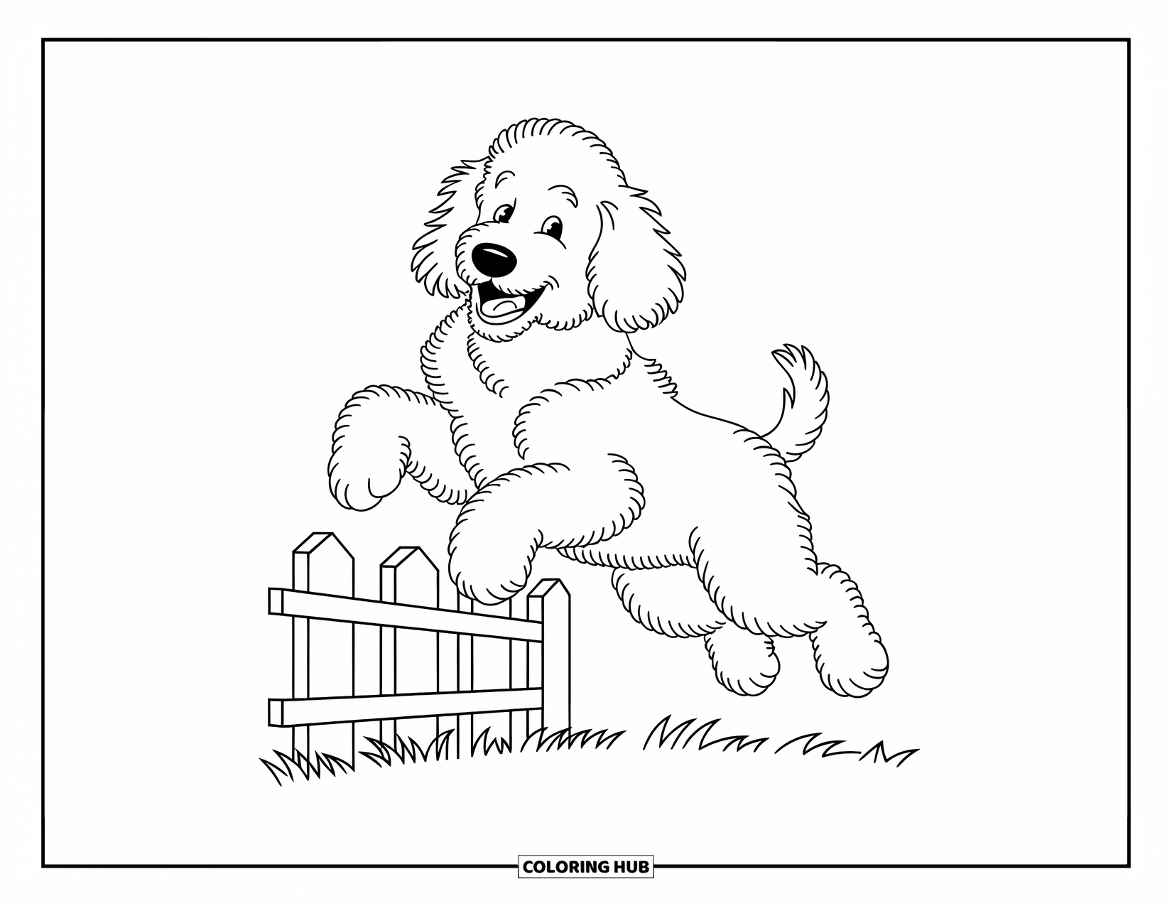 Dog Coloring Page for Kids: A cheerful Goldendoodle with curly fur hops over a wooden fence, full of playful excitement
