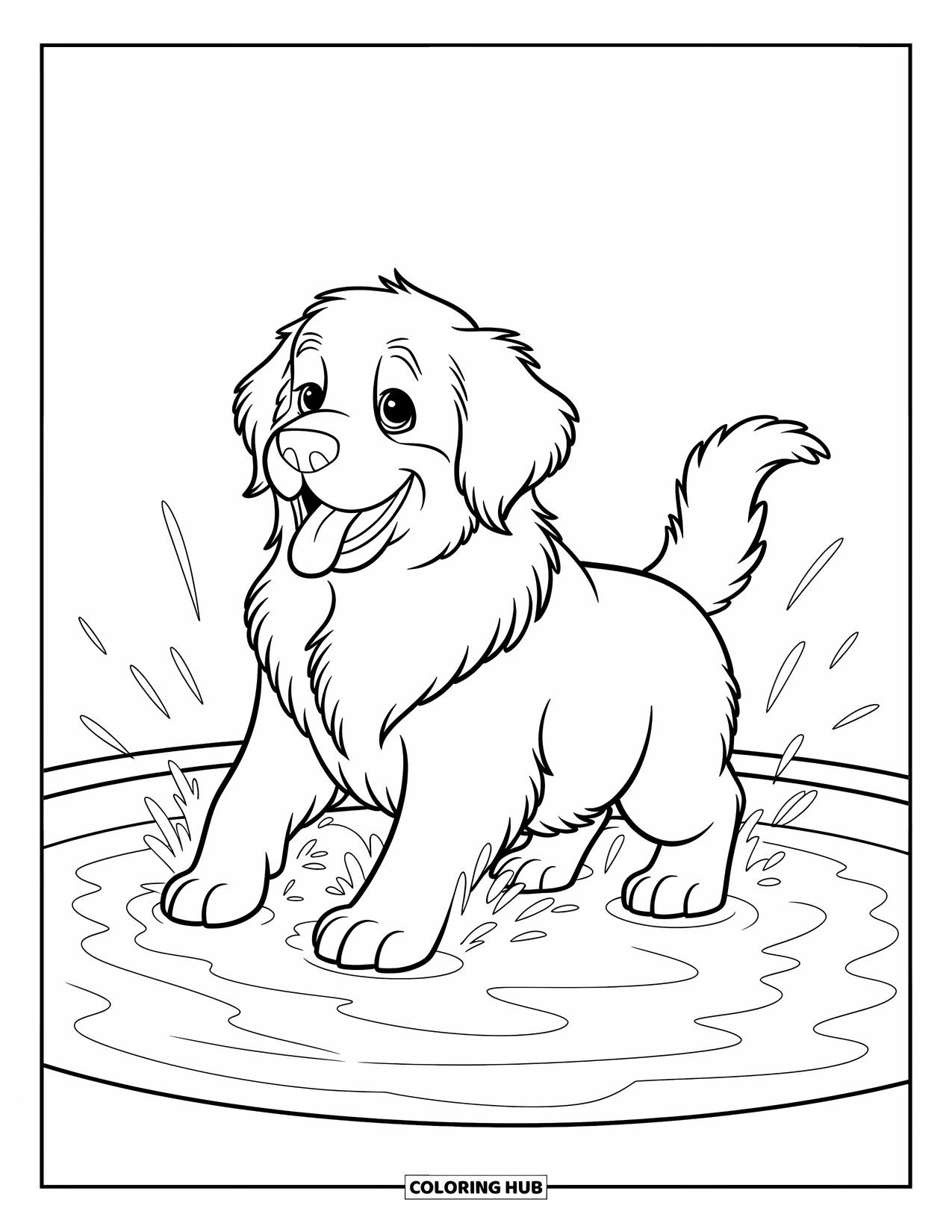 Dog Coloring Page for Kids: A cheerful Newfoundland puppy plays in a shallow pool, its paws creating tiny splashes