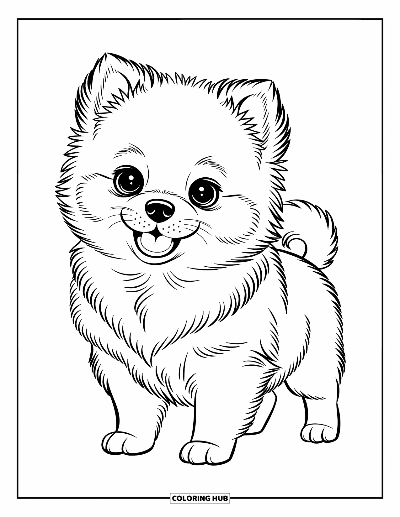 Dog Coloring Page for Kids: A cheerful Pomeranian puppy with perked ears stands tall, full of playful energy