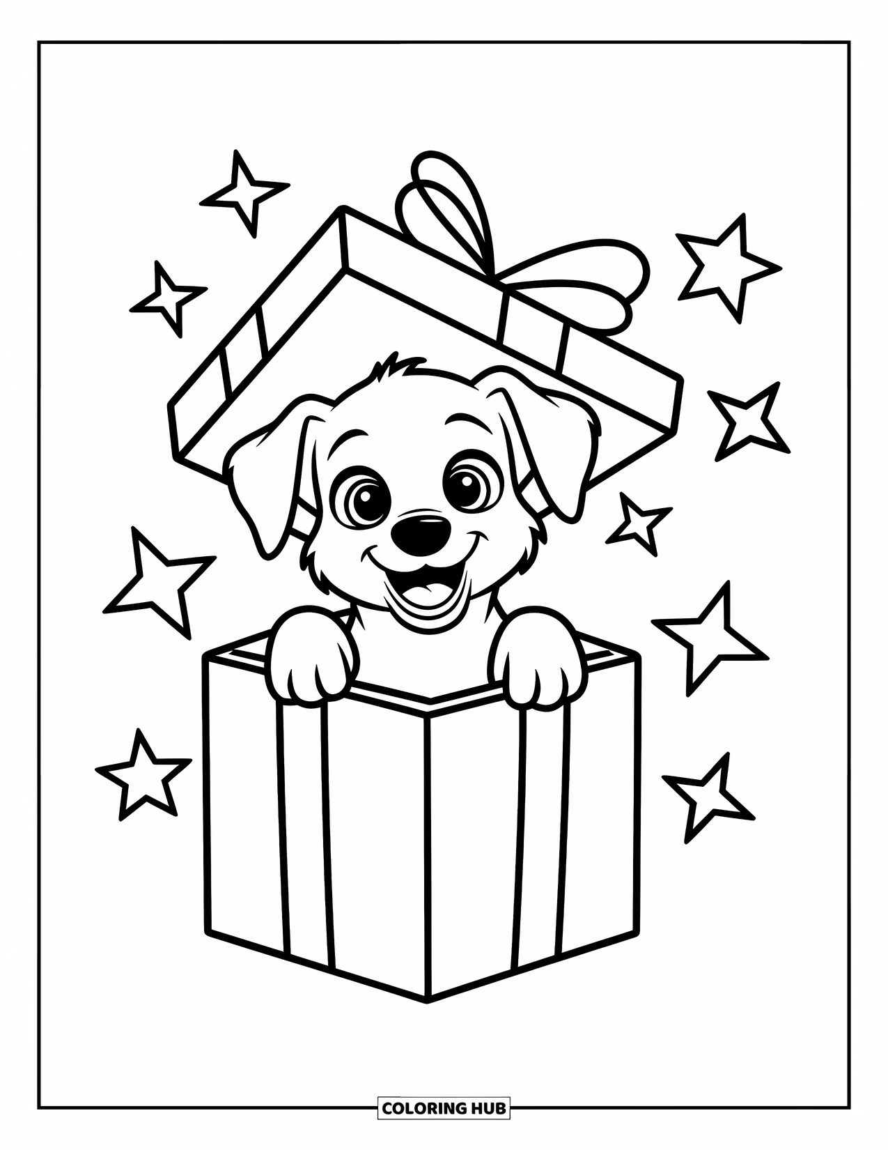 Dog Coloring Page for Kids: A cheerful puppy pops out of a gift box, playful stars floating around it