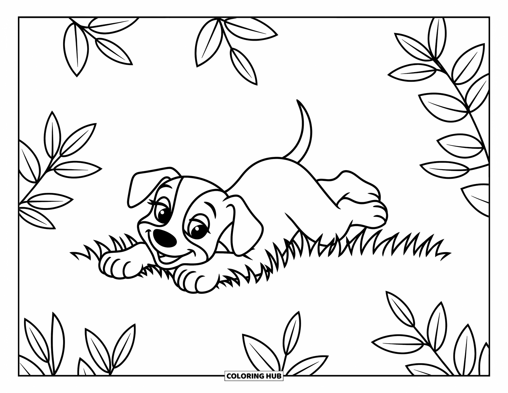 Dog Coloring Page for Kids: A cheerful puppy rolls in the grass, surrounded by delicate leaves and curved blades of grass