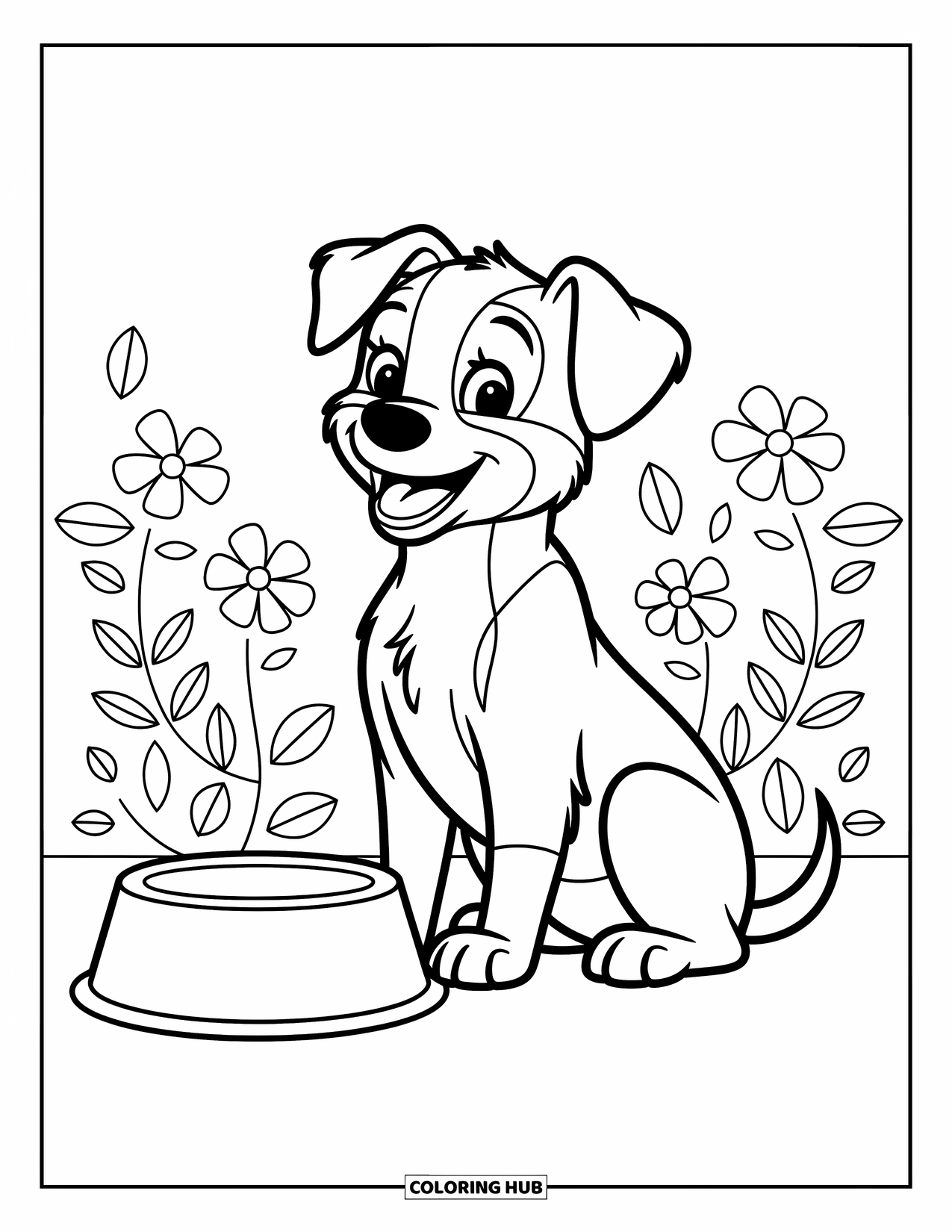 Dog Coloring Page for Kids: A cheerful puppy sits by a food bowl, surrounded by playful flowers and leaves