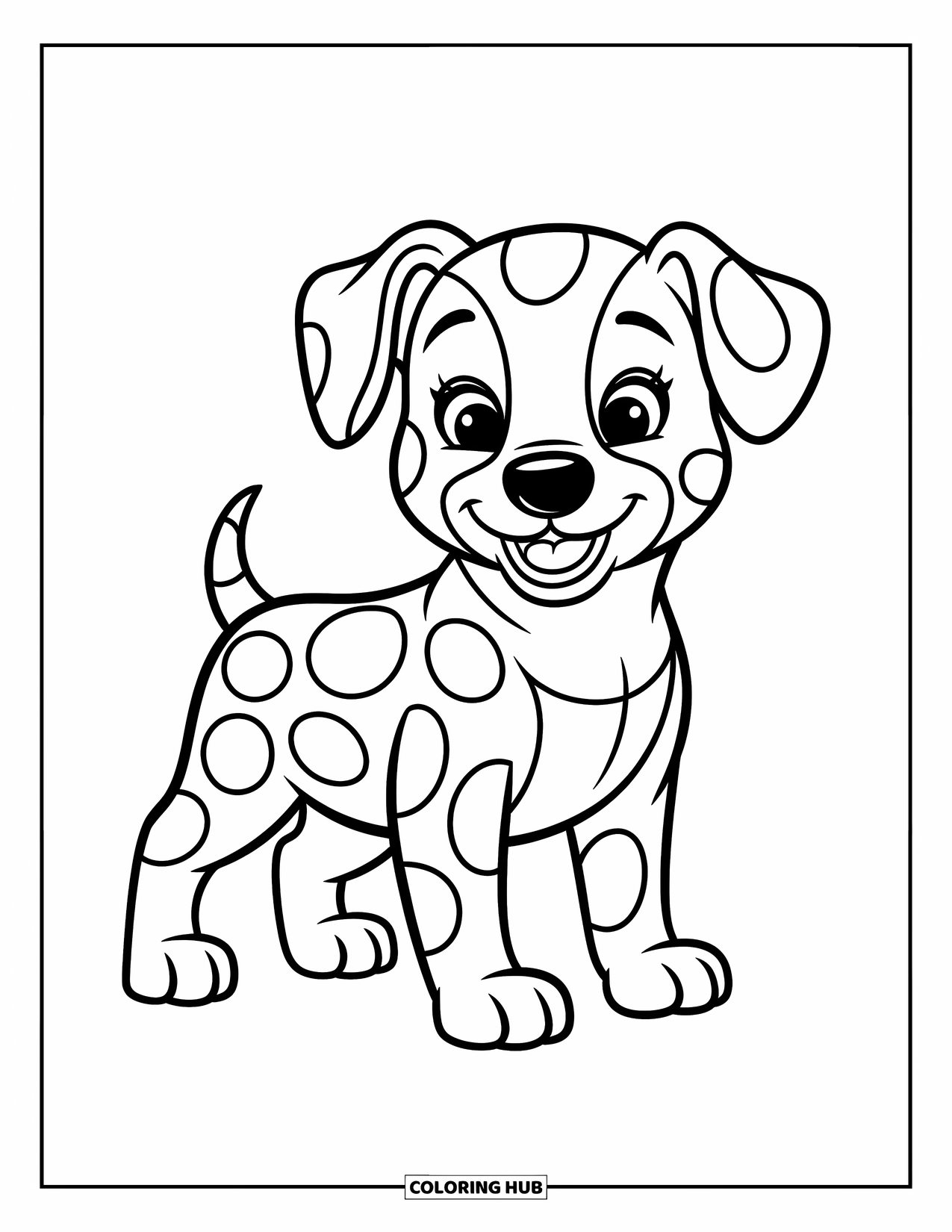Dog Coloring Page for Kids: A cheerful puppy with one ear flopped down stands proudly, surrounded by tiny flowers and leaves
