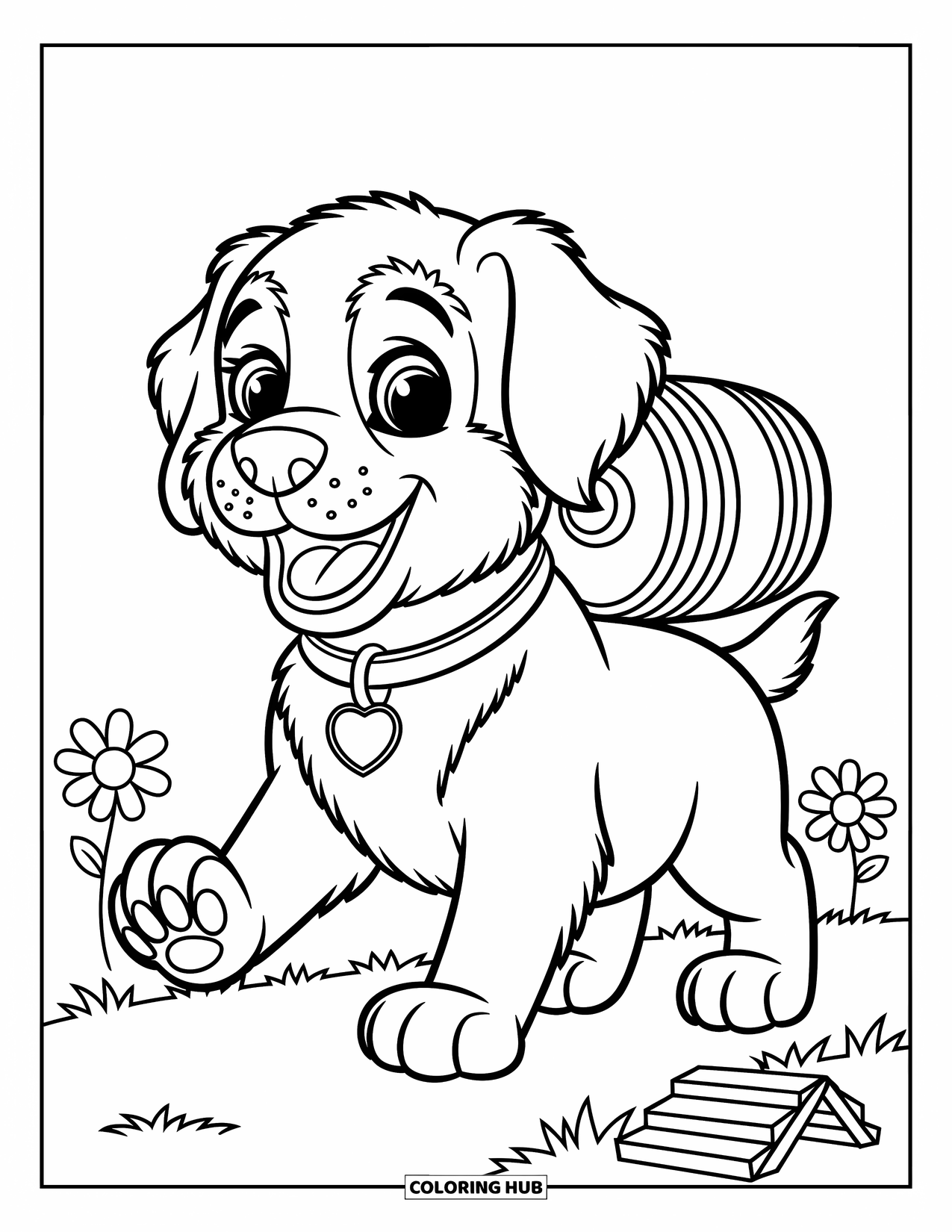 Dog Coloring Page for Kids: A cheerful Saint Bernard puppy carries a tiny rescue barrel, surrounded by daisies and a bridge
