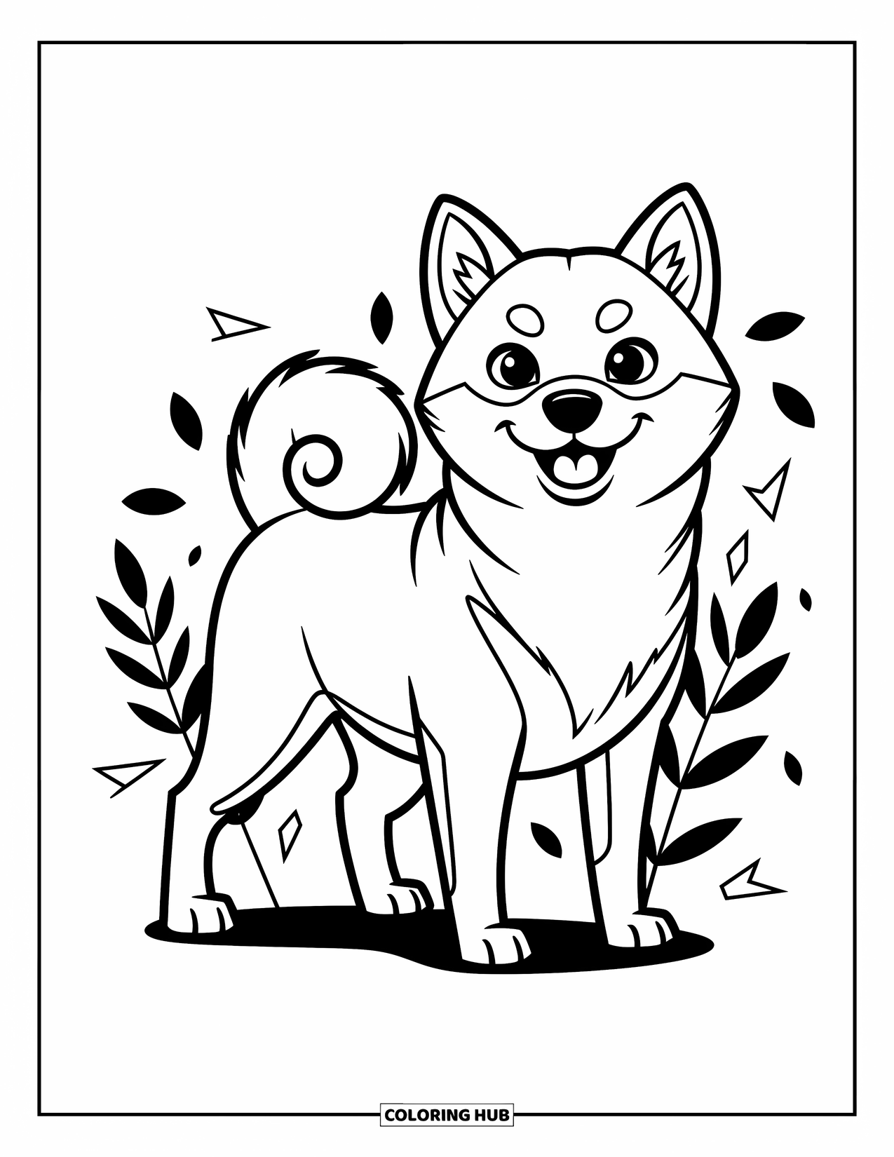 Dog Coloring Page for Kids: A cheerful Shiba Inu stands tall, its fluffy tail curled, surrounded by whimsical patterns
