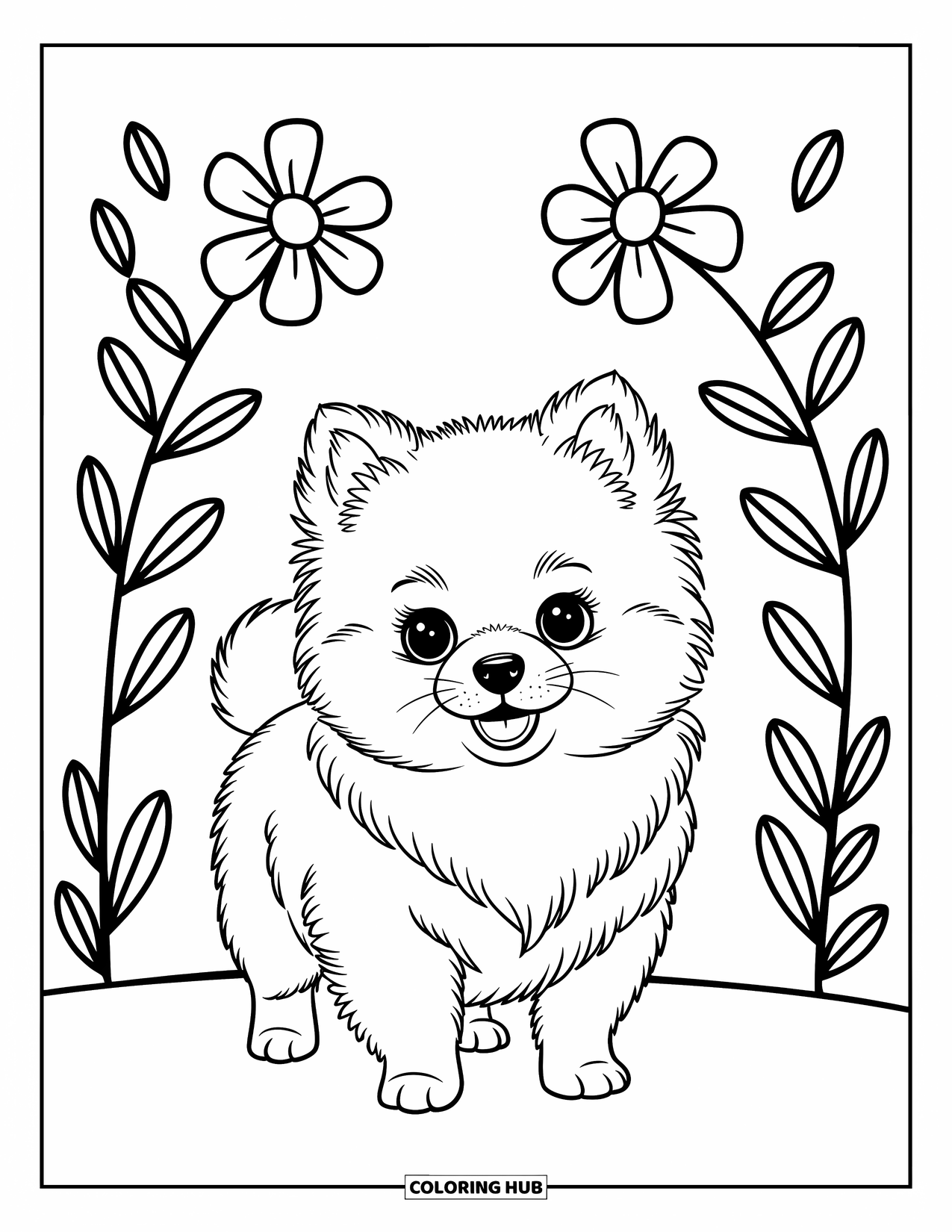 Dog Coloring Page for Kids: A confident Pomeranian puppy stands happily, framed by whimsical flowers and leaves