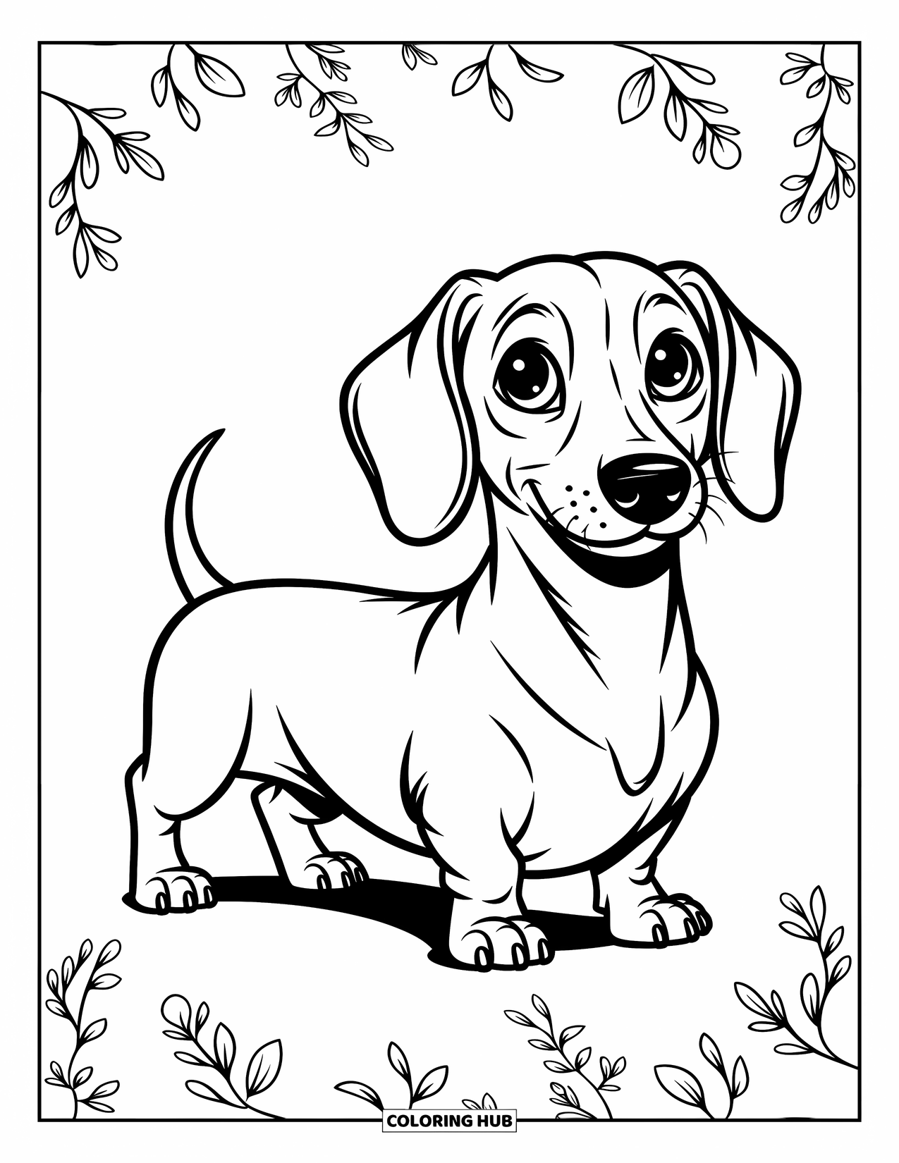 Dog Coloring Page for Kids: A curious Dachshund stands tall, its tiny legs and long body adding to its charm