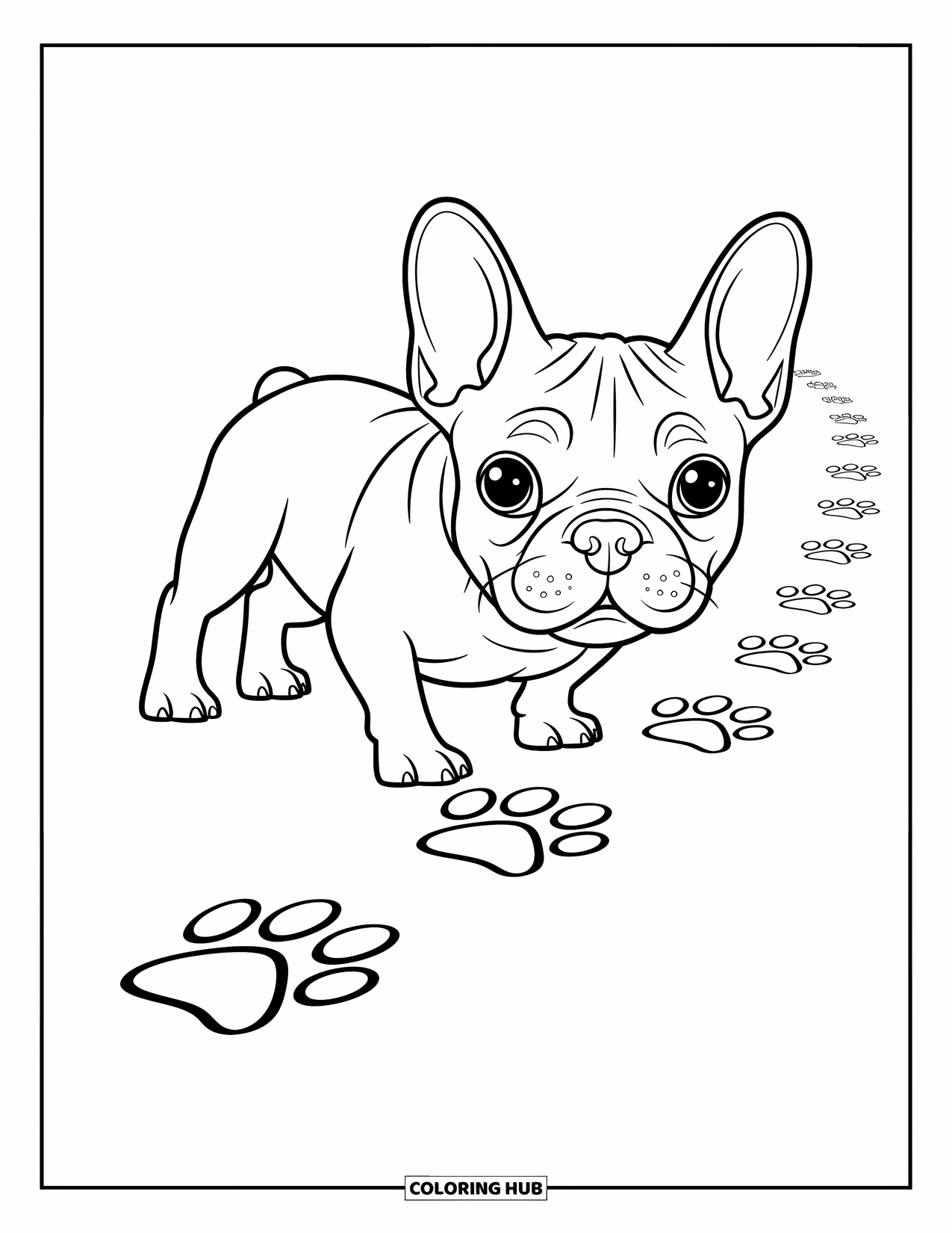 Dog Coloring Page for Kids: A curious French Bulldog sniffs a trail of paw prints, nose low and tail wagging playfully