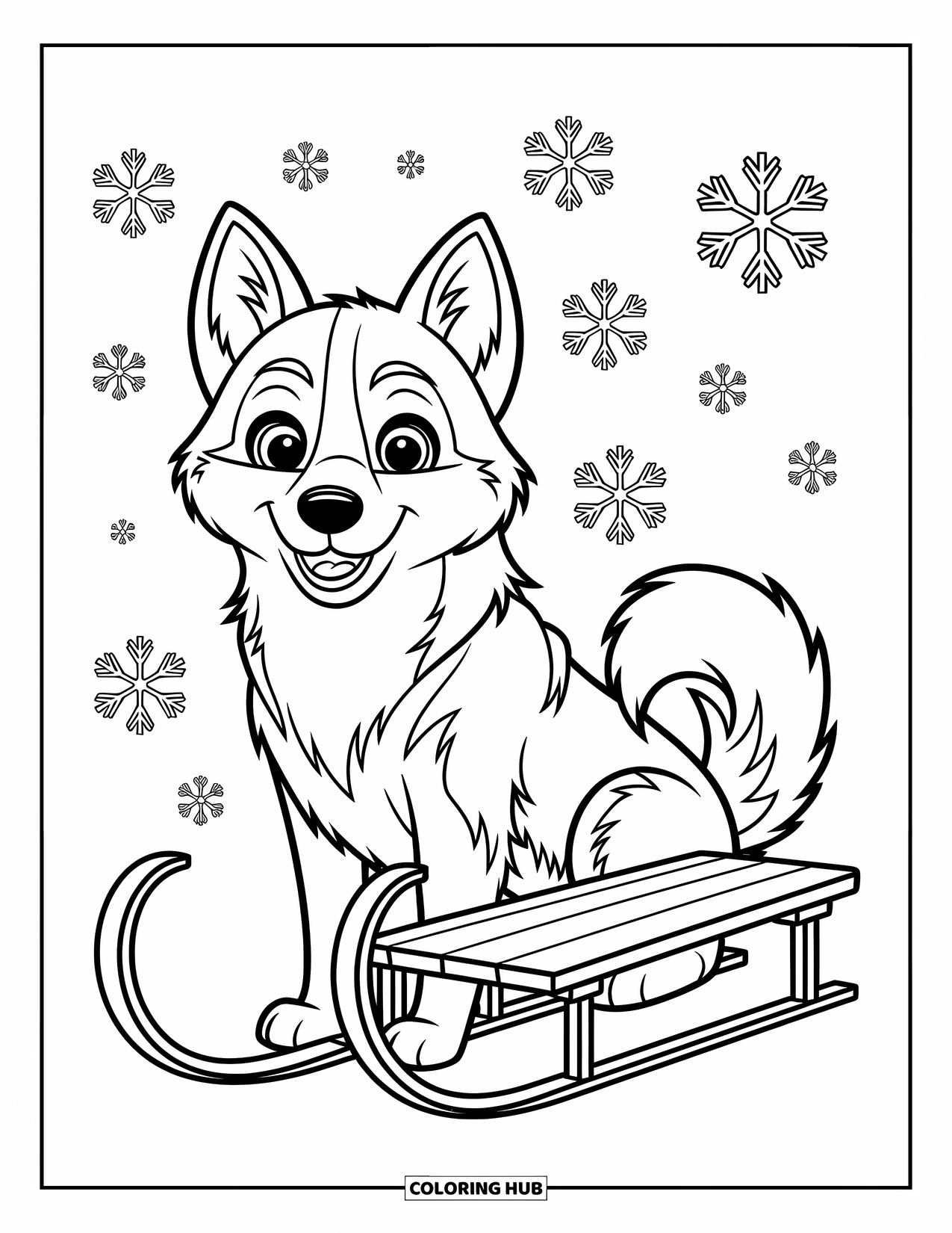Dog Coloring Page for Kids: A curious Husky sits beside a sled, ears perked up, with snowflakes gently falling around