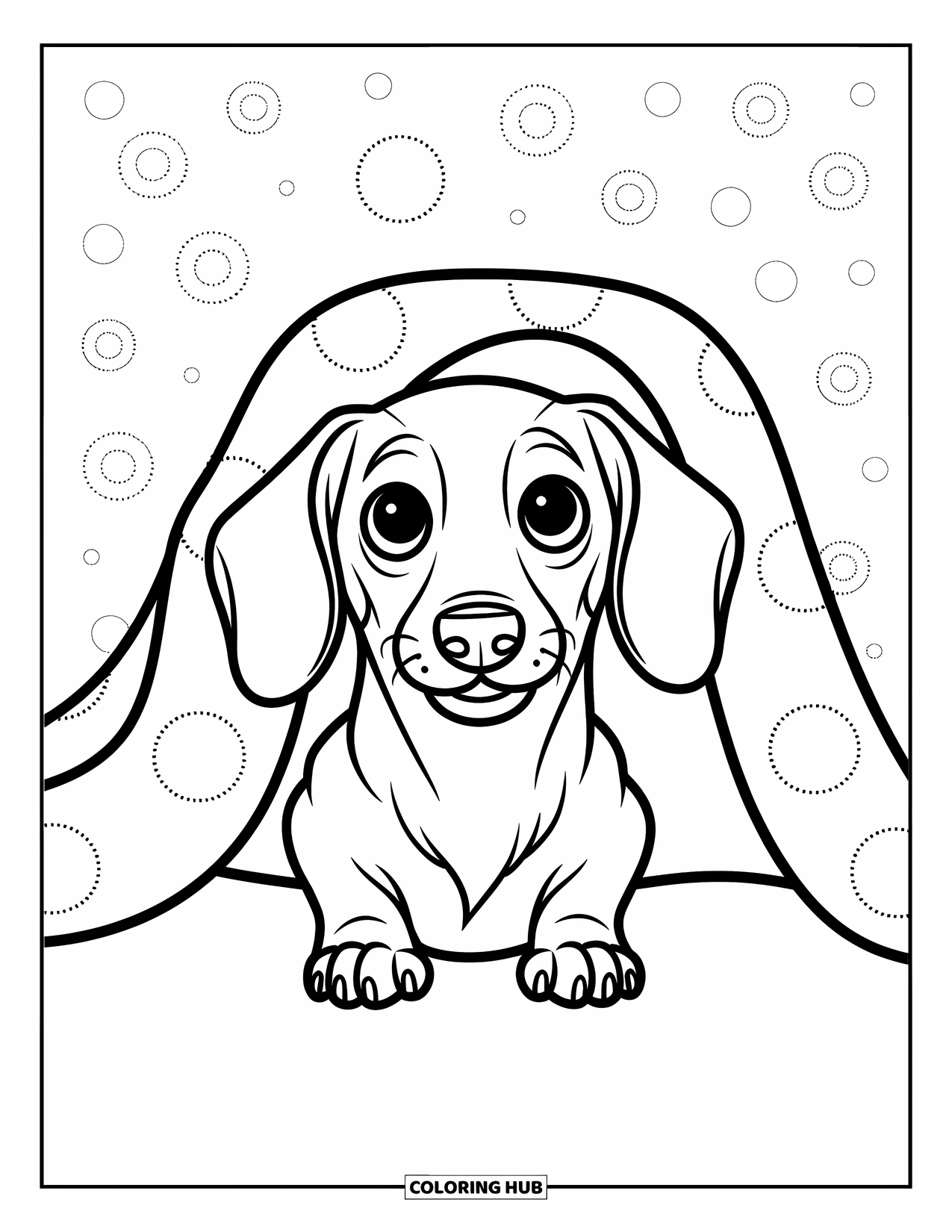 Dog Coloring Page for Kids: A cute Dachshund peeks out from a warm blanket, its wide eyes full of curiosity