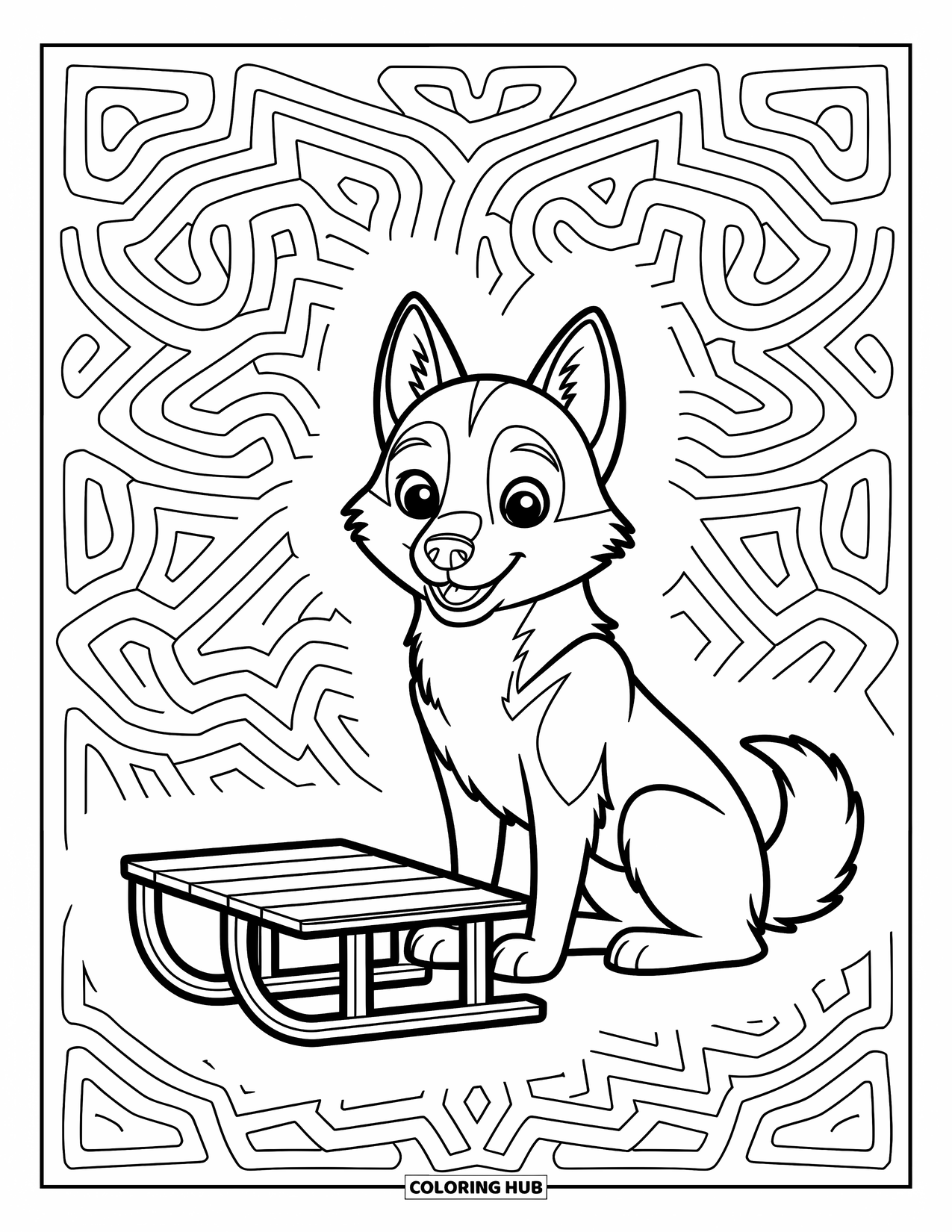 Dog Coloring Page for Kids: A cute Husky waits beside a sled, surrounded by intricate, modern patterns
