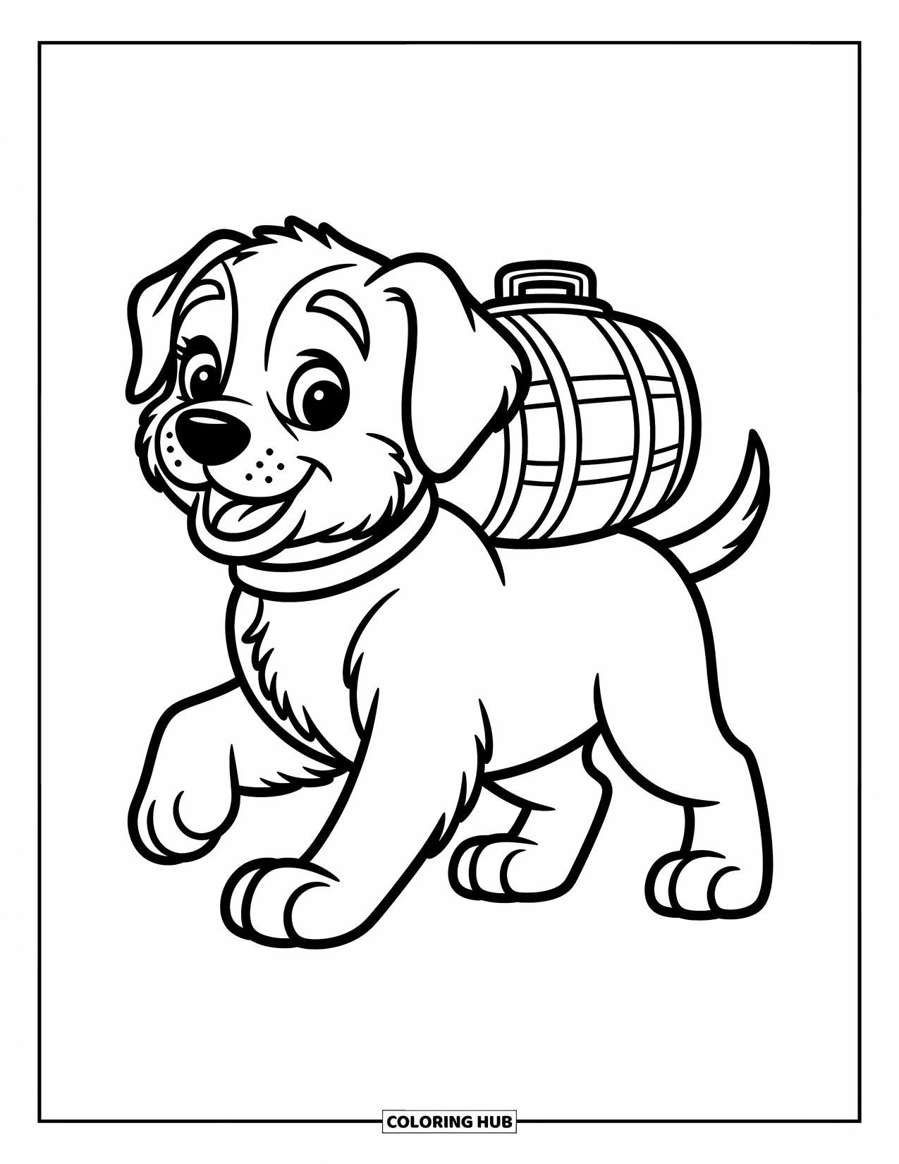 Dog Coloring Page for Kids: A cute Saint Bernard puppy trots confidently, carrying a tiny rescue barrel on its collar