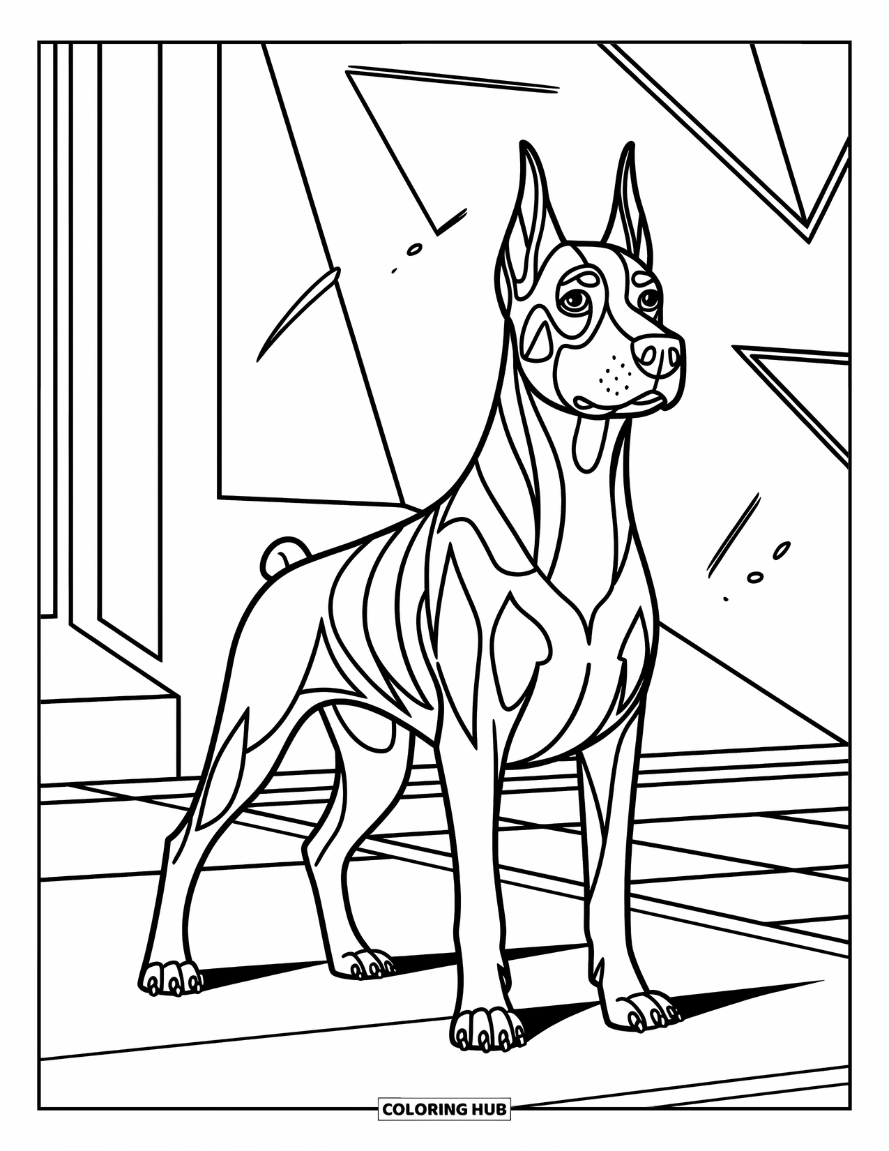 Dog Coloring Page for Kids: A Doberman with a sleek stance gazes ahead, surrounded by abstract, modern patterns