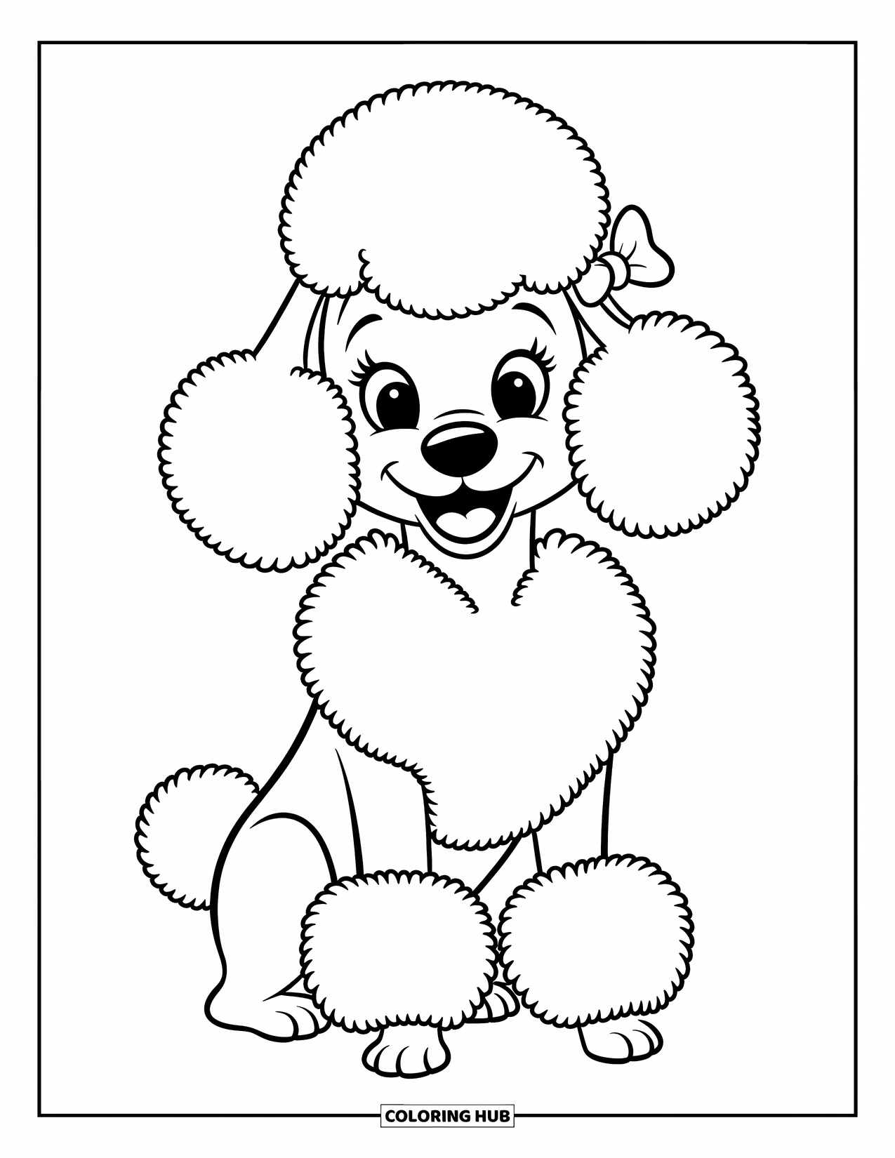 Dog Coloring Page for Kids: A fluffy Poodle sits happily, a tiny bow adorning one ear