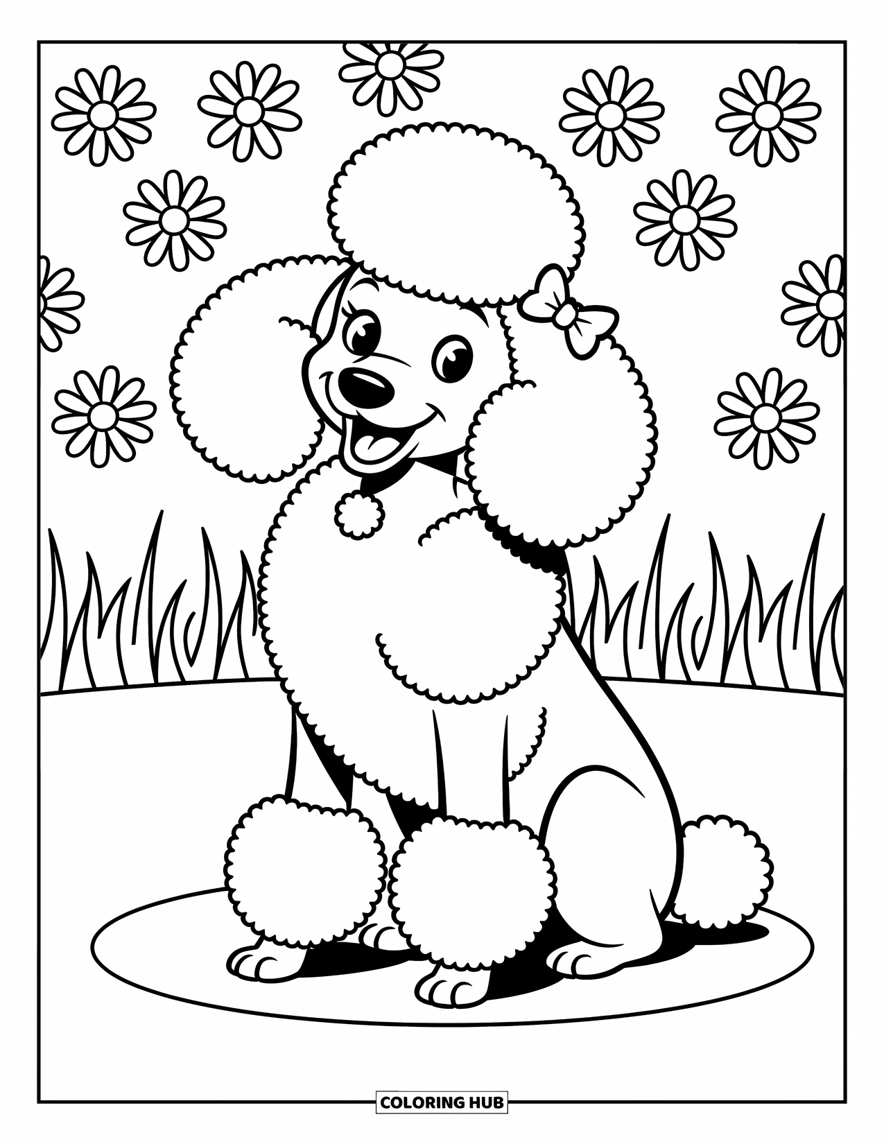 Dog Coloring Page for Kids: A fluffy Poodle sits joyfully, surrounded by daisies and soft, playful details