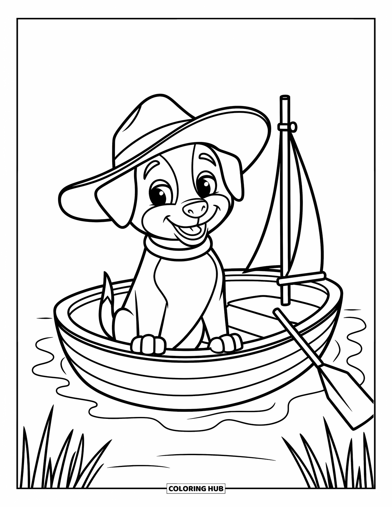 Dog Coloring Page for Kids: A friendly dog in a charming hat sits in a boat, surrounded by floating leaves and reeds