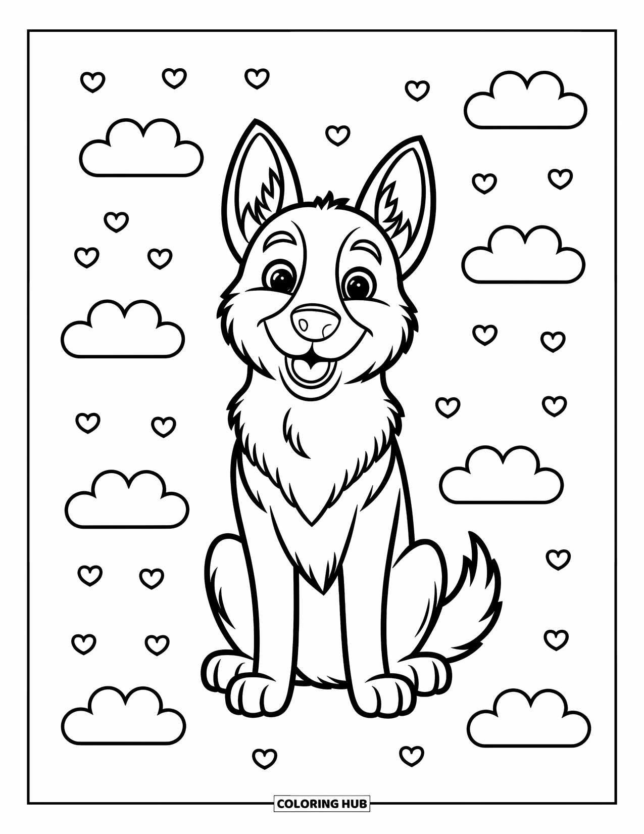 Dog Coloring Page for Kids: A friendly German Shepherd sits confidently, ears perked, surrounded by tiny hearts and clouds