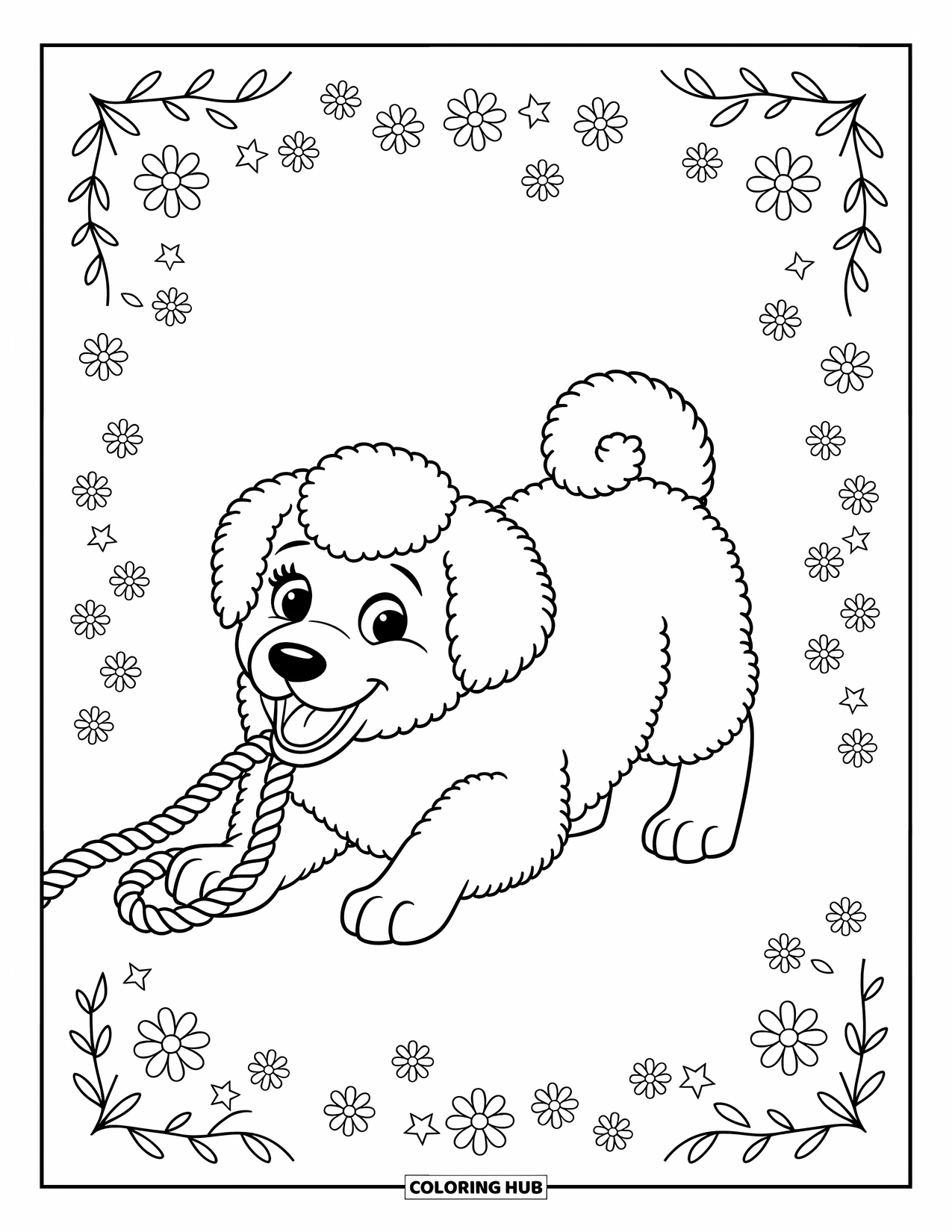 Dog Coloring Page for Kids: A friendly Sheepdog puppy pulls on a rope toy, surrounded by whimsical flowers and stars