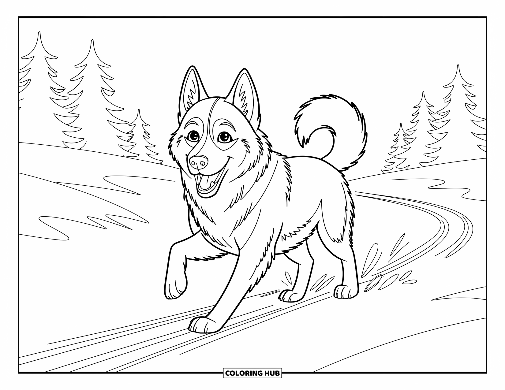 Dog Coloring Page for Kids: A friendly Siberian Husky runs through the snow, leaving crisp tracks behind