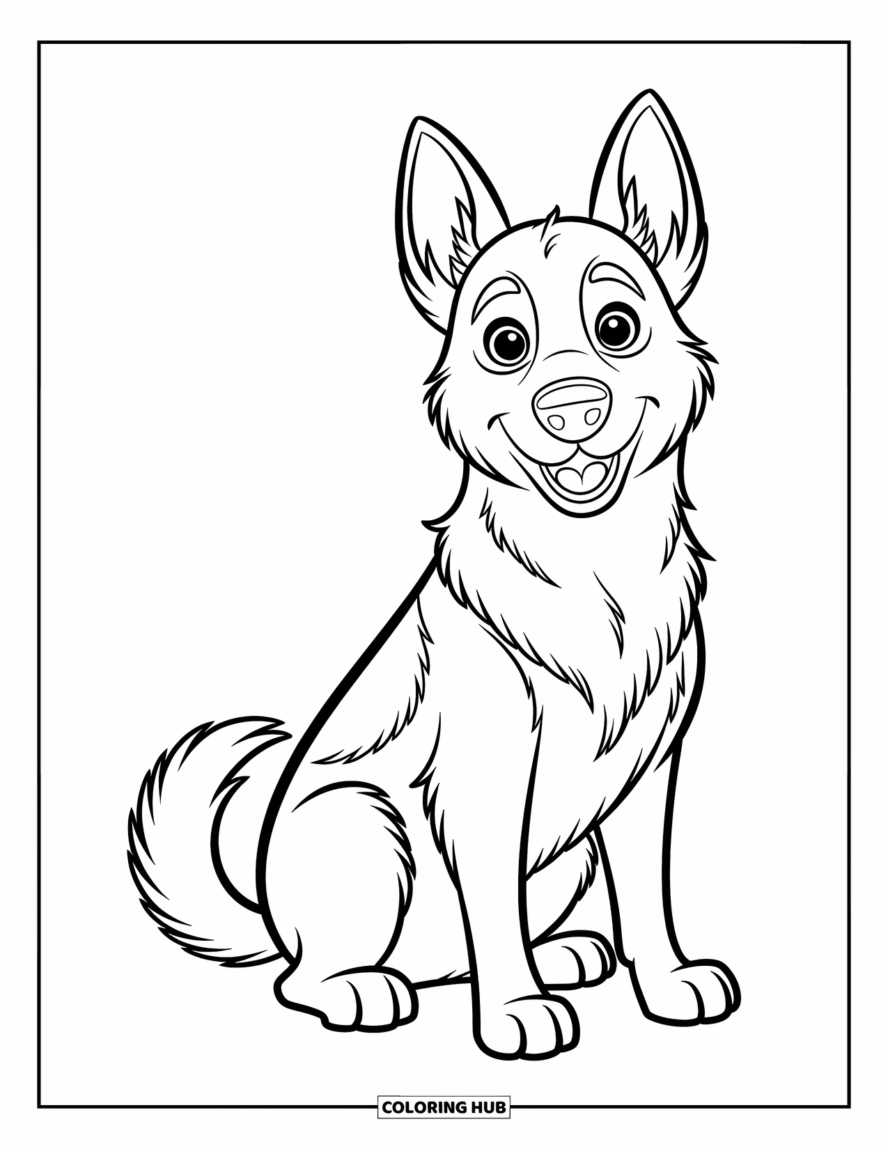 Dog Coloring Page for Kids: A German Shepherd sits proudly, its warm gaze capturing the heart of young viewers