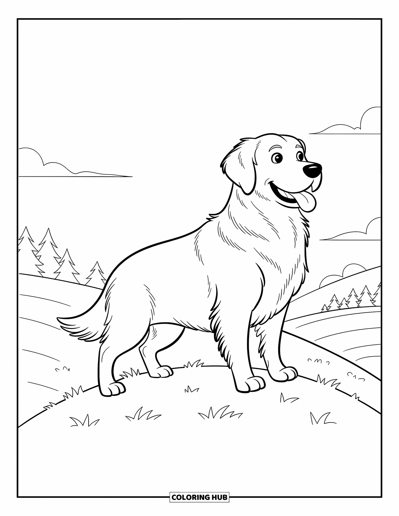 Dog Coloring Page for Kids: A Golden Retriever stands atop a hill, gazing at the horizon, surrounded by rolling landscapes