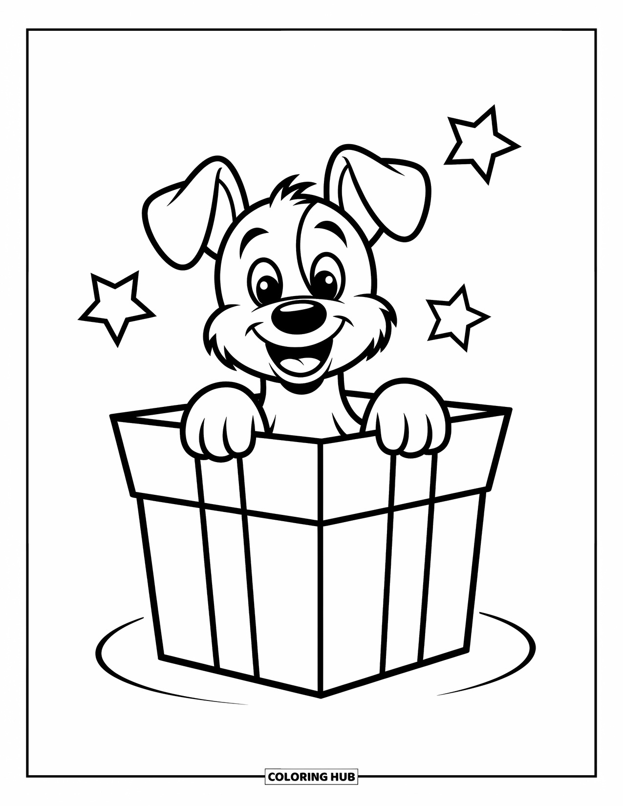 Dog Coloring Page for Kids: A happy dog peeks from a gift box, its eyes wide with excitement