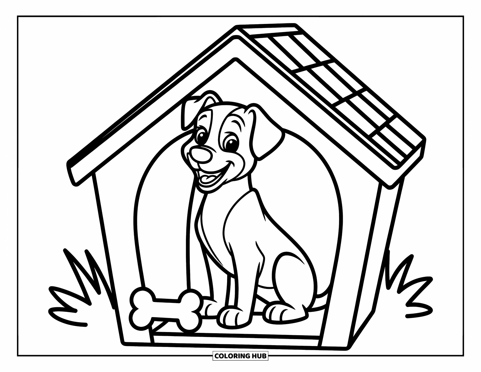 Dog Coloring Page for Kids: A happy dog sits comfortably inside a cozy doghouse, a small bone beside it