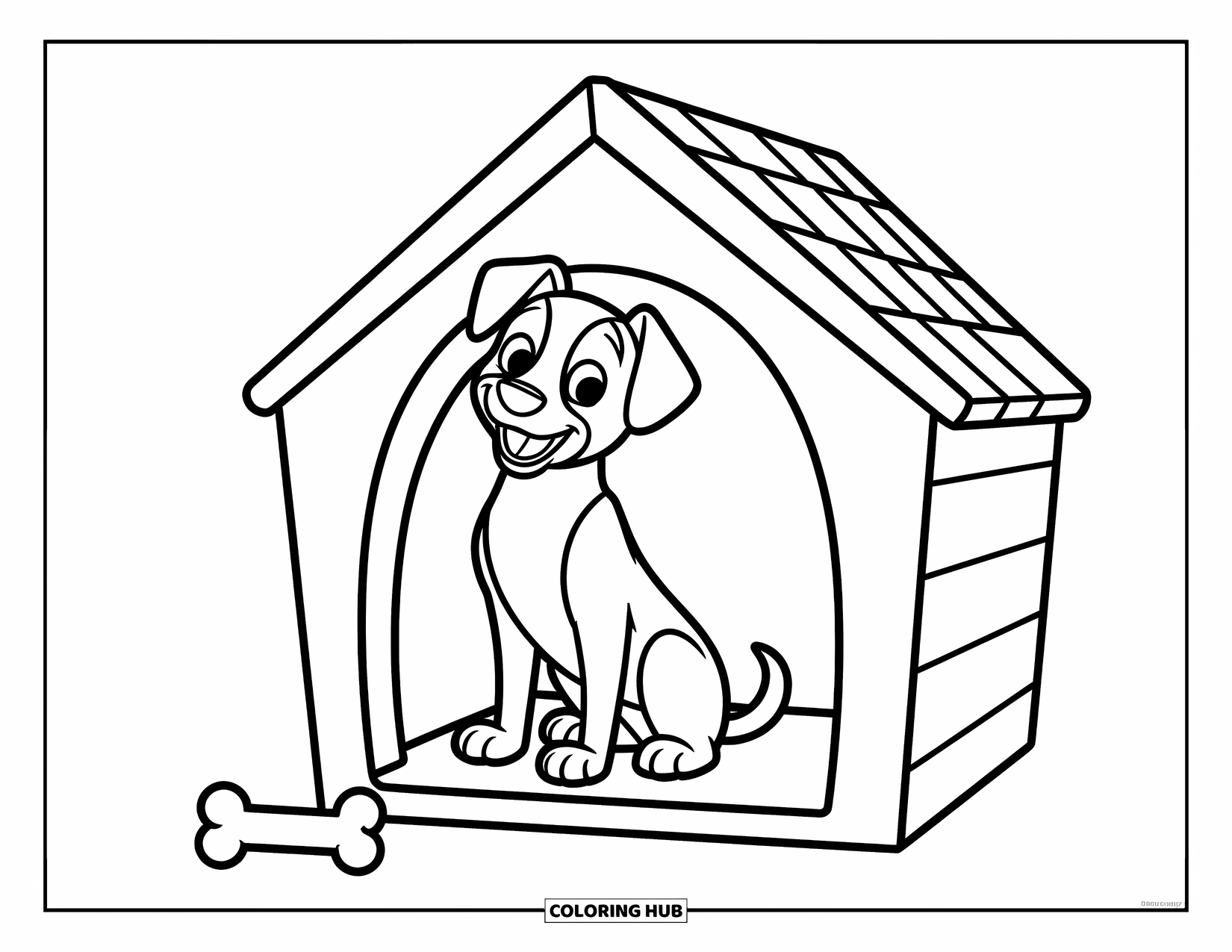 Dog Coloring Page for Kids: A happy dog sits proudly in a doghouse, its tail wagging beside a tiny bone