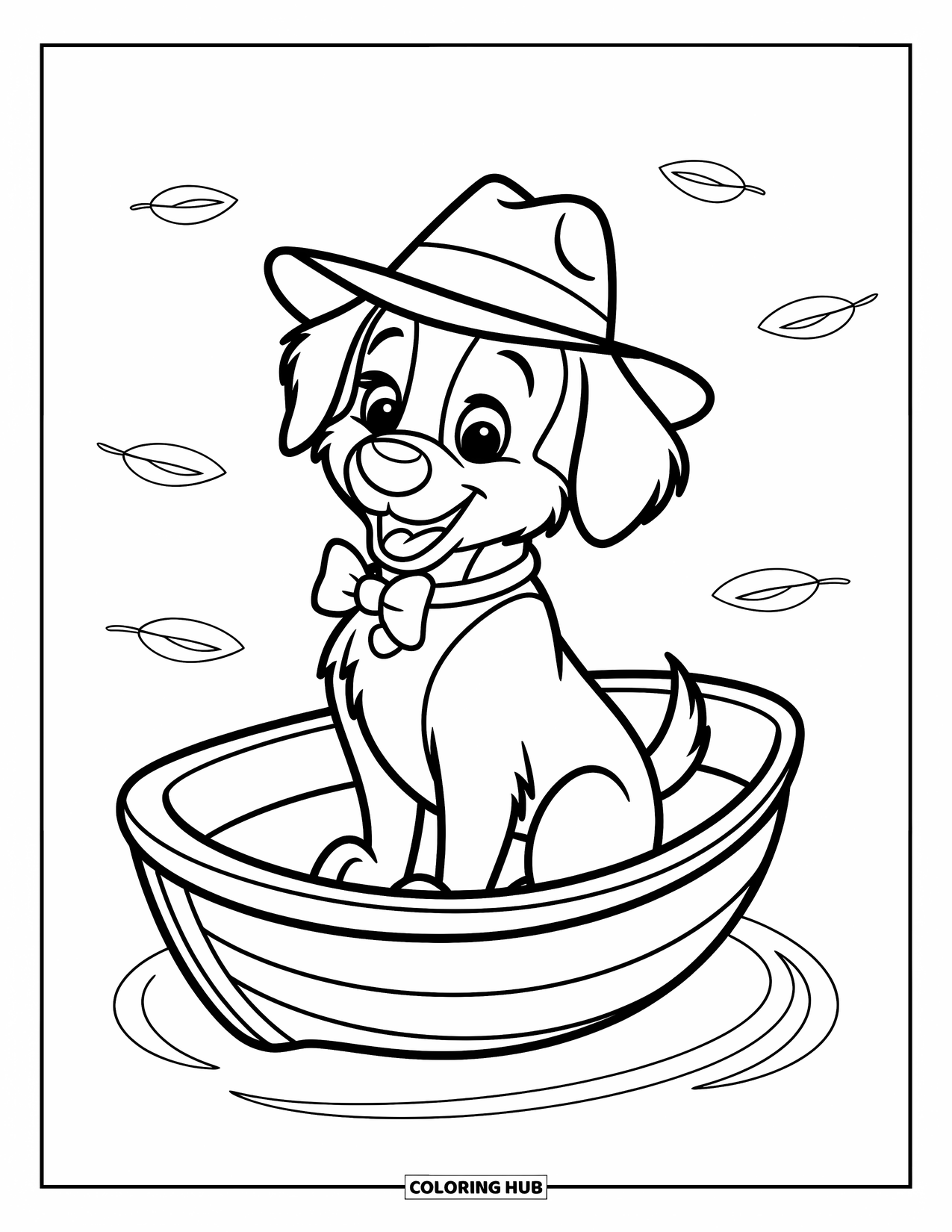 Dog Coloring Page for Kids: A happy dog wearing a hat sits in a small boat, floating on gentle ripples of water