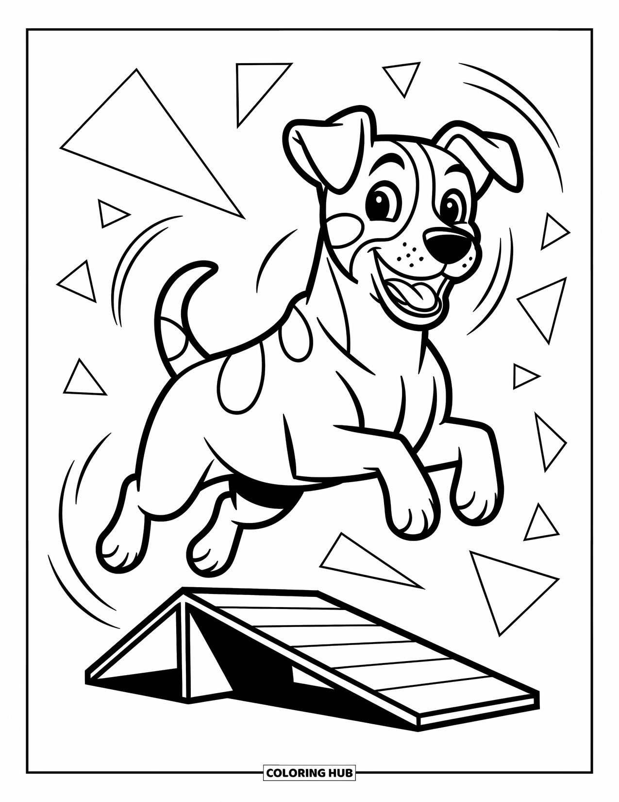 Dog Coloring Page for Kids: A happy Jack Russell Terrier jumps off a ramp, surrounded by subtle geometric patterns
