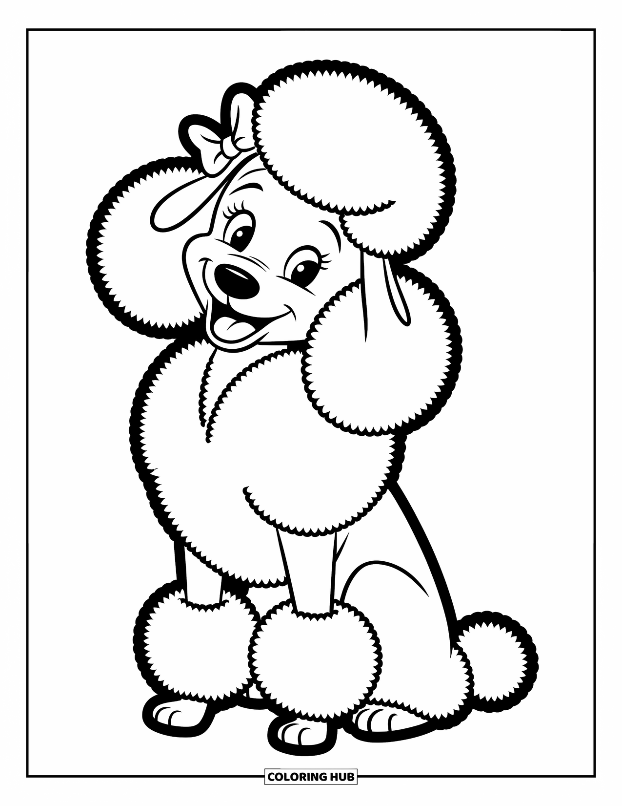 Dog Coloring Page for Kids: A happy Poodle with a small bow sits with a playful expression, ready for fun