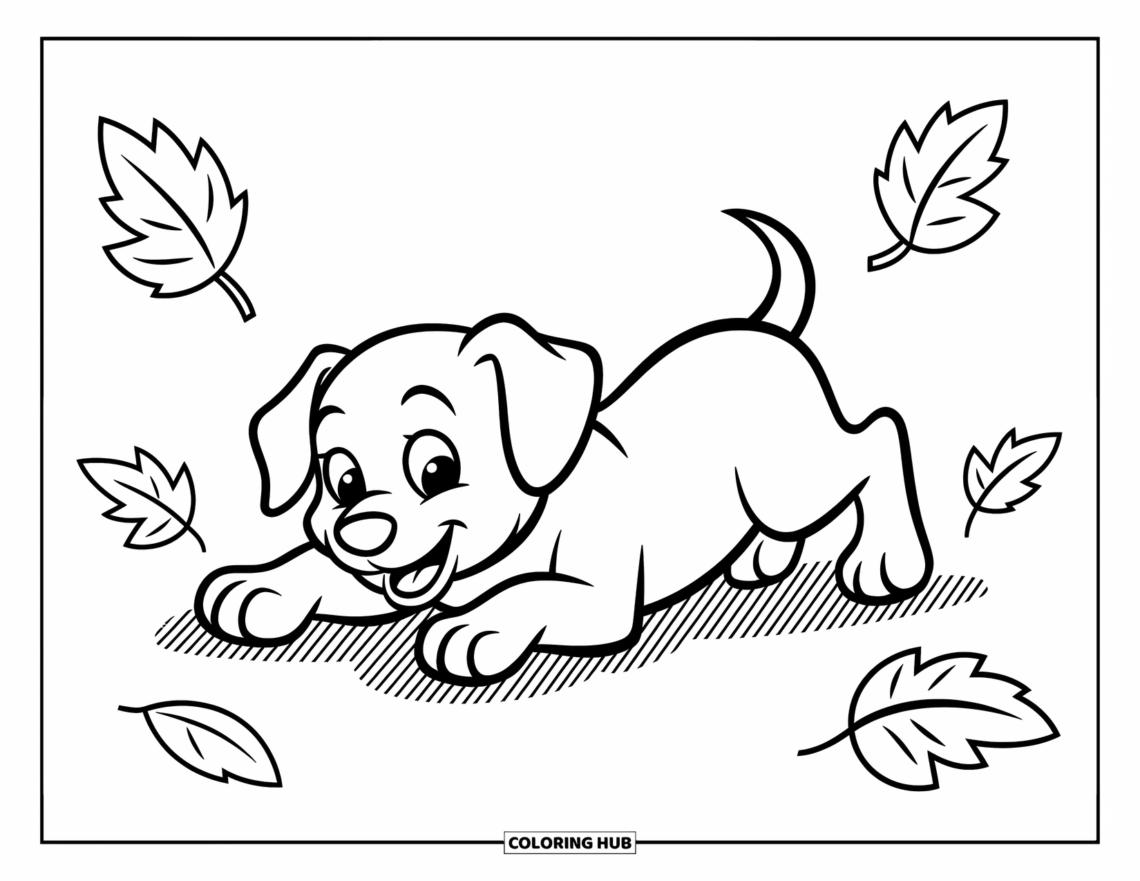 Dog Coloring Page for Kids: A happy puppy lies on its back, playfully kicking its paws in the air