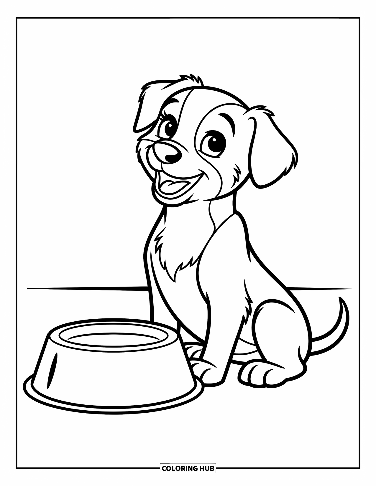 Dog Coloring Page for Kids: A happy puppy sits beside a food bowl, looking up eagerly with a wagging tail