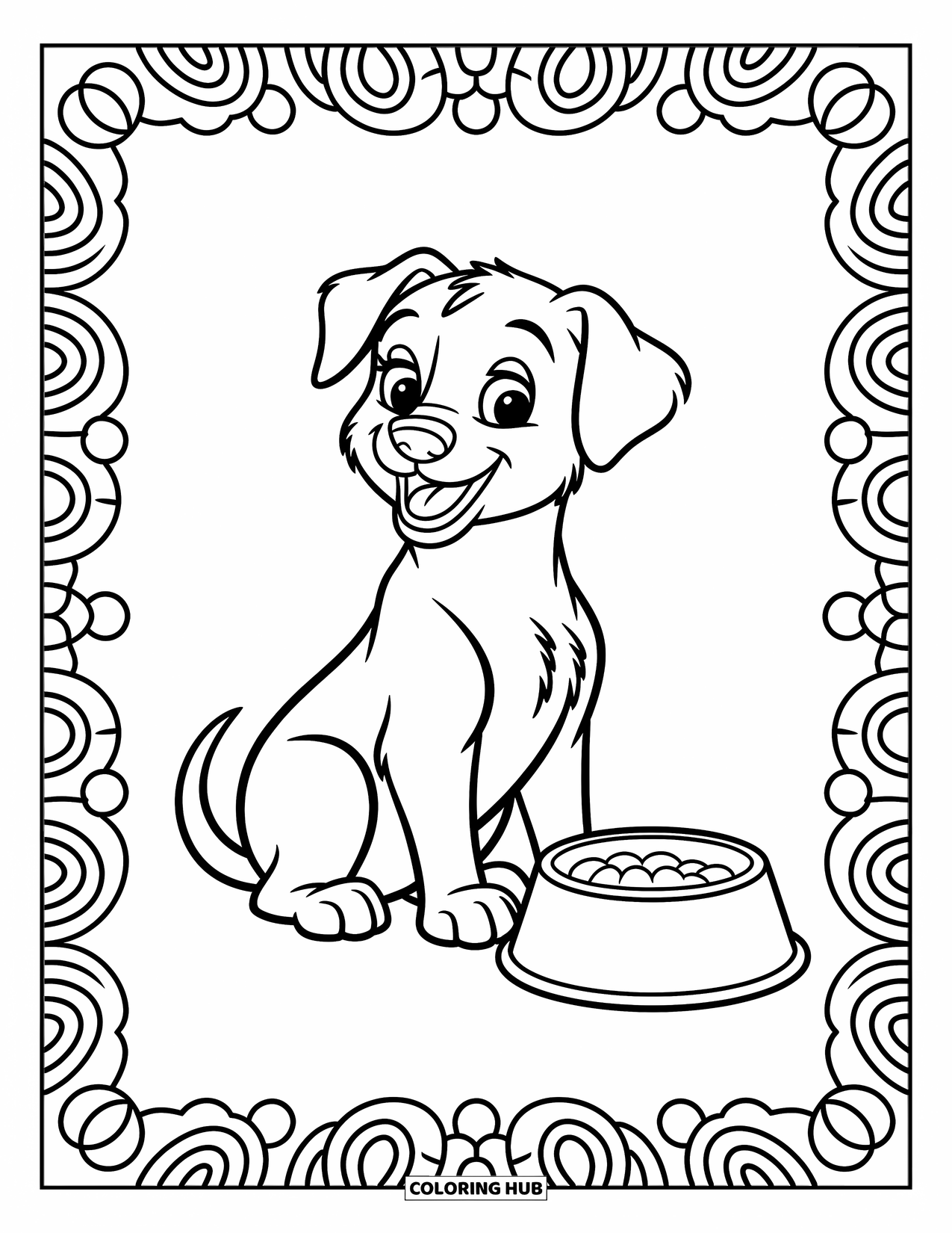Dog Coloring Page for Kids: A happy puppy sits beside a food bowl, looking up eagerly with its tail wagging