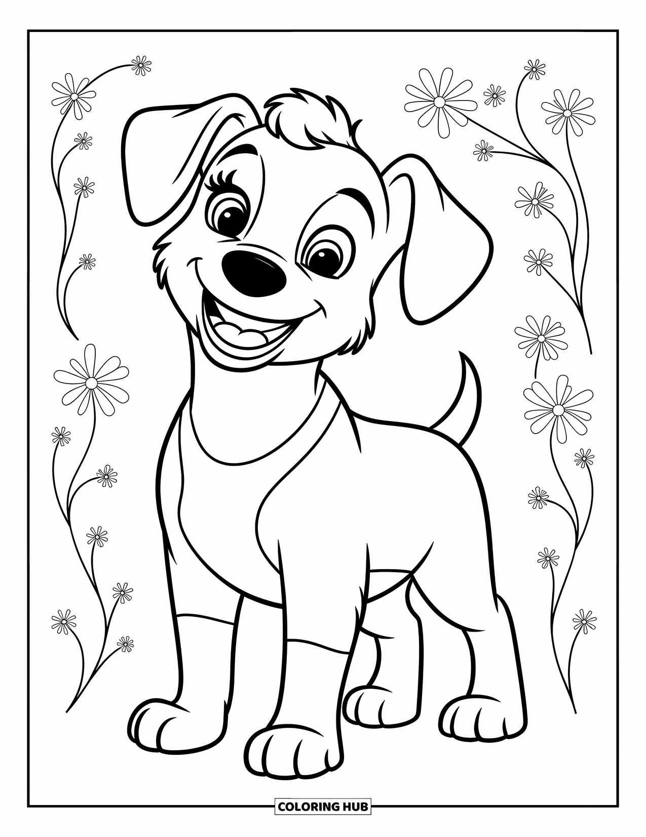 Dog Coloring Page for Kids: A happy puppy with one floppy ear stands with bright eyes, ready for fun