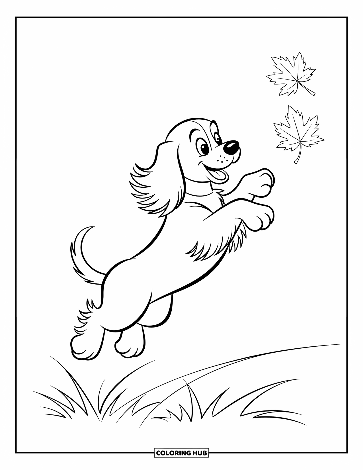 Dog Coloring Page for Kids: A joyful Cocker Spaniel puppy leaps into the air, reaching for a floating leaf