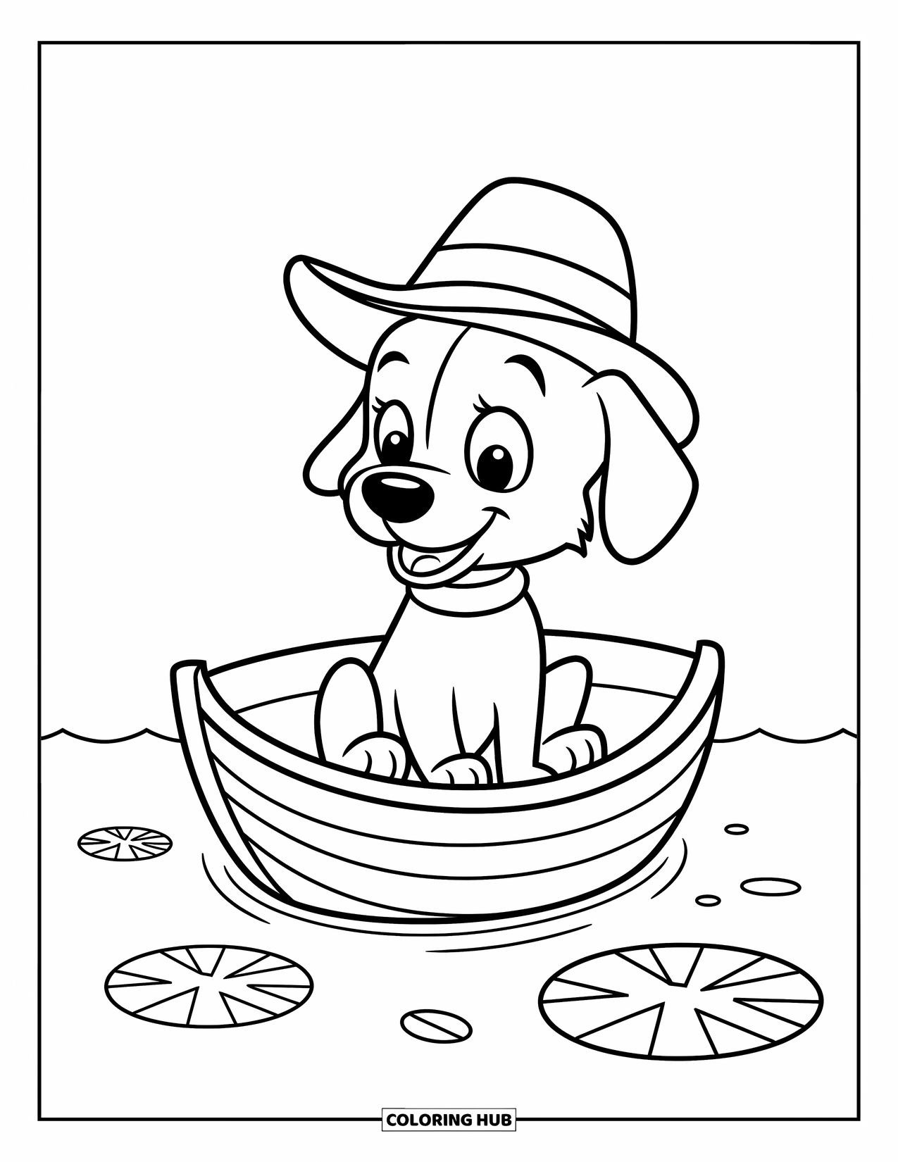 Dog Coloring Page for Kids: A joyful dog in a cozy boat drifts on calm waters, surrounded by lily pads and ripples