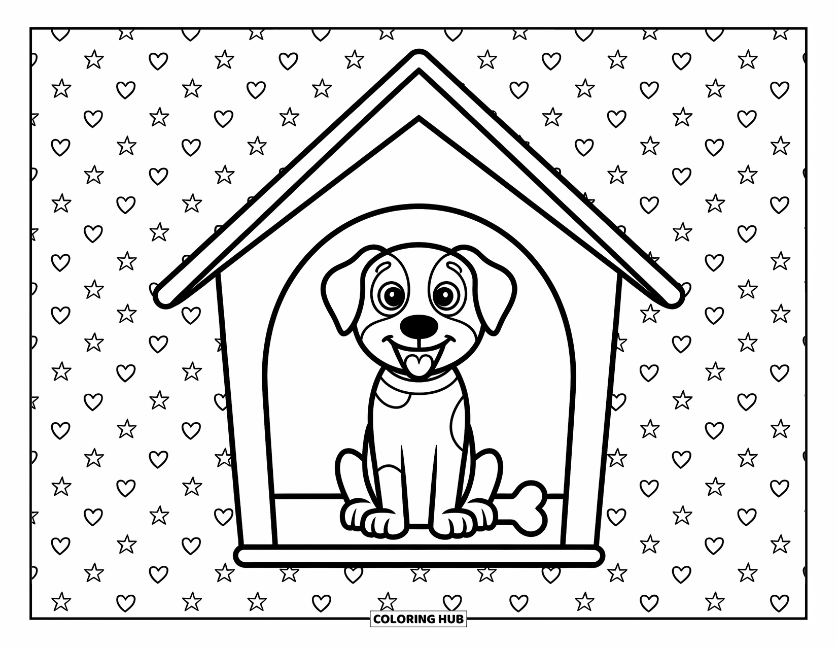 Dog Coloring Page for Kids: A joyful dog sits inside a charming doghouse, framed by tiny stars and hearts