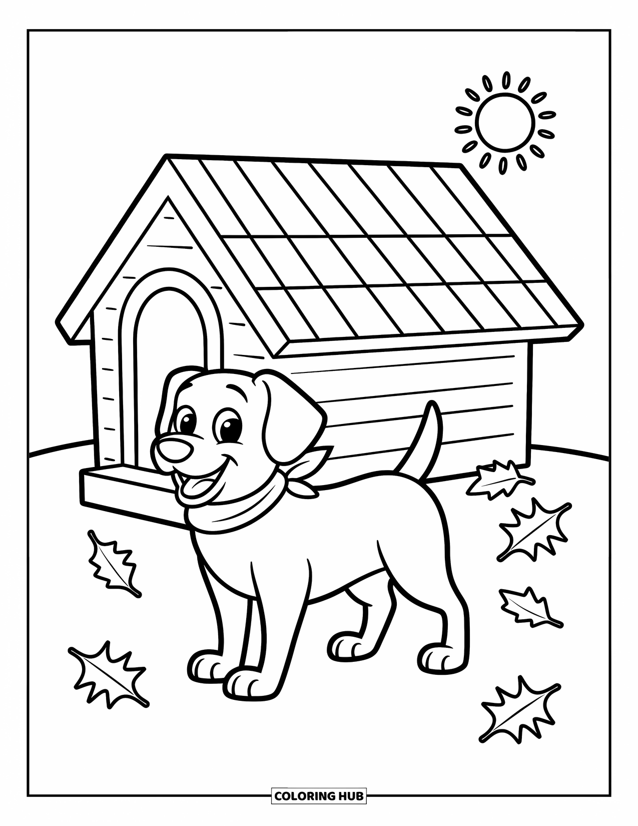 Dog Coloring Page for Kids: A joyful dog stands beside a doghouse, autumn leaves scattered around its playful paws