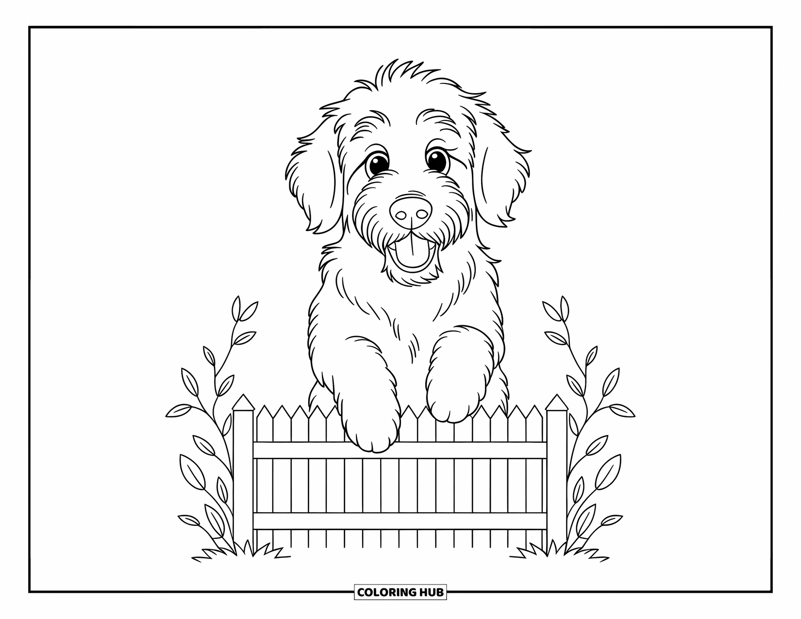Dog Coloring Page for Kids: A joyful Goldendoodle leaps over a small wooden fence, its fluffy fur bouncing with energy