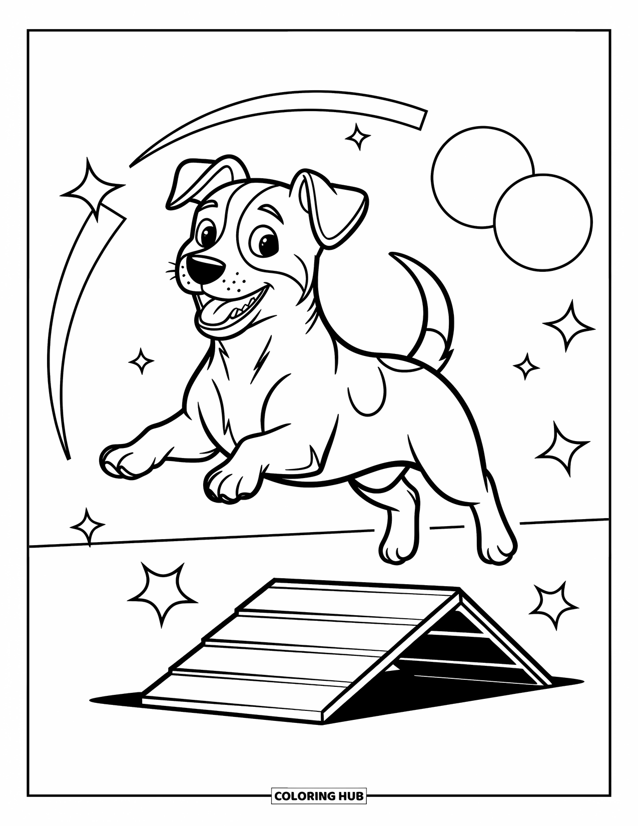 Dog Coloring Page for Kids: A joyful Jack Russell Terrier soars mid-leap, tail wagging, against a backdrop of floating stars