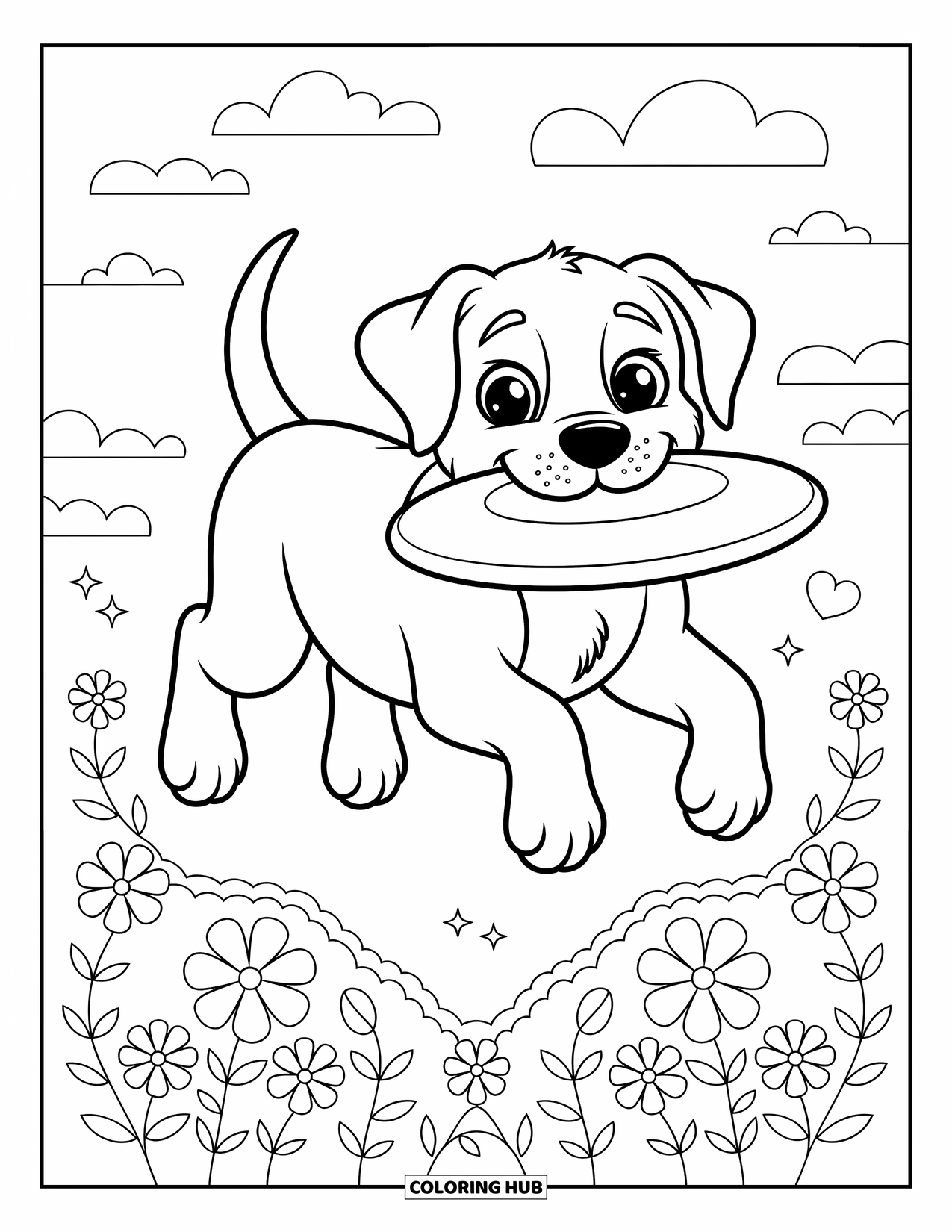Dog Coloring Page for Kids: A joyful Labrador puppy leaps with a frisbee in its mouth, tail curled happily