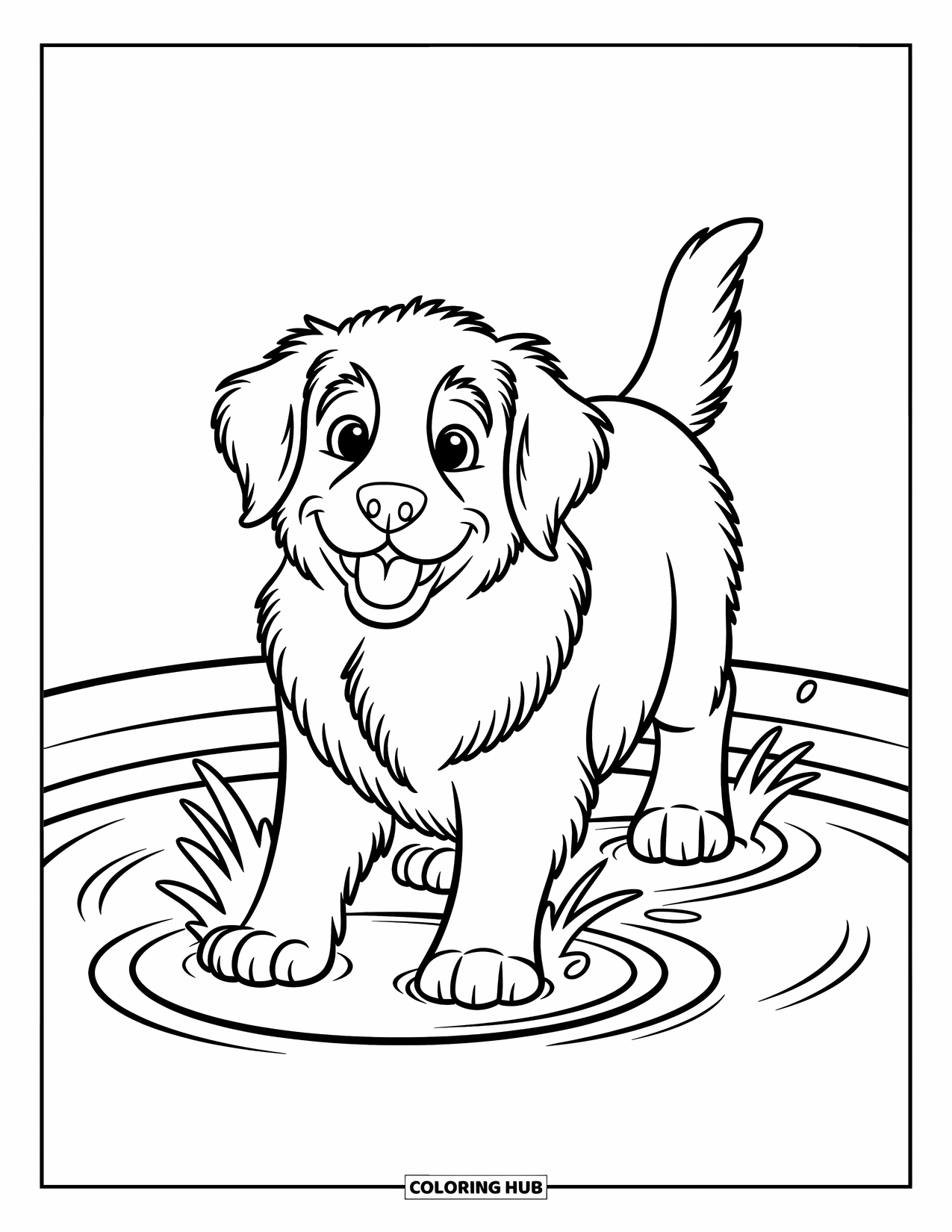 Dog Coloring Page for Kids: A joyful Newfoundland puppy splashes its paws in the water, its fluffy fur bouncing with excitement