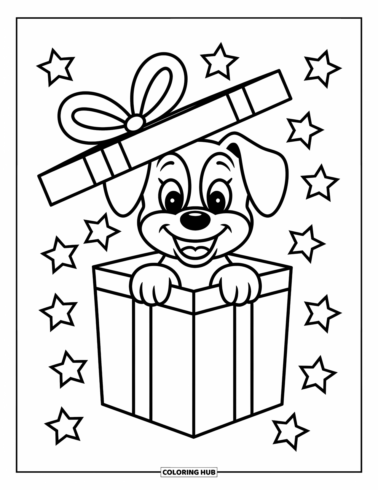 Dog Coloring Page for Kids: A joyful puppy in a gift box wags its tail, surrounded by tiny floating stars