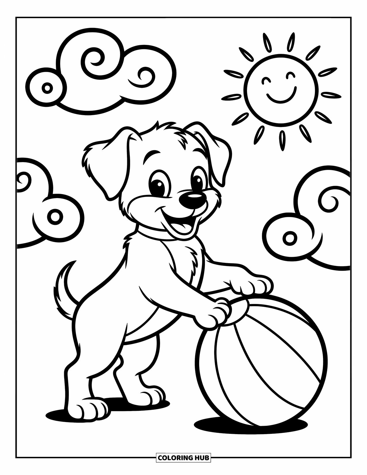 Dog Coloring Page for Kids: A joyful puppy leaps up, front paws stretched toward a ball, ready for fun